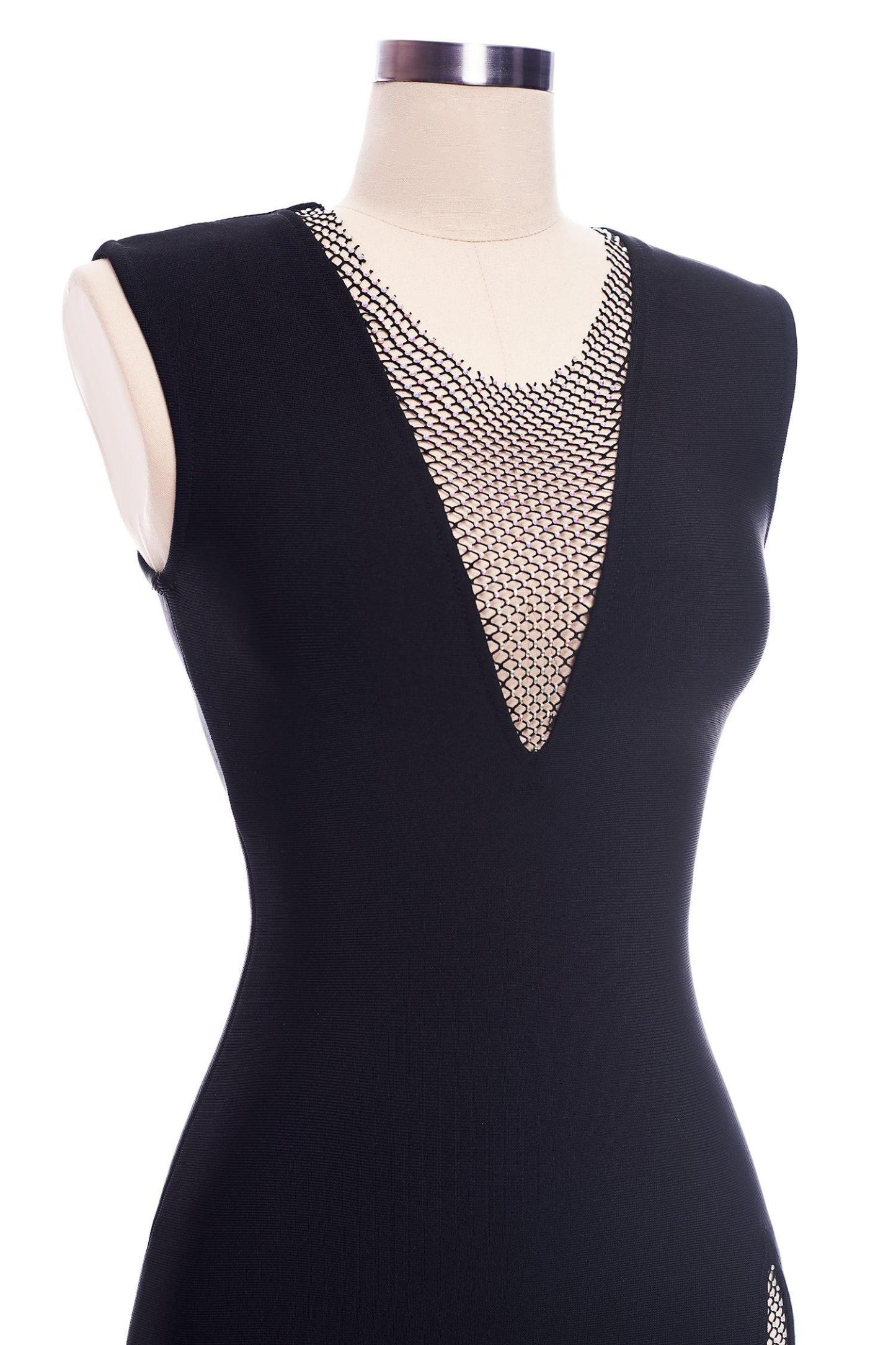 V Neck Bandage Bodycon Split Mini Dress - Classic Black - Bellabarnett