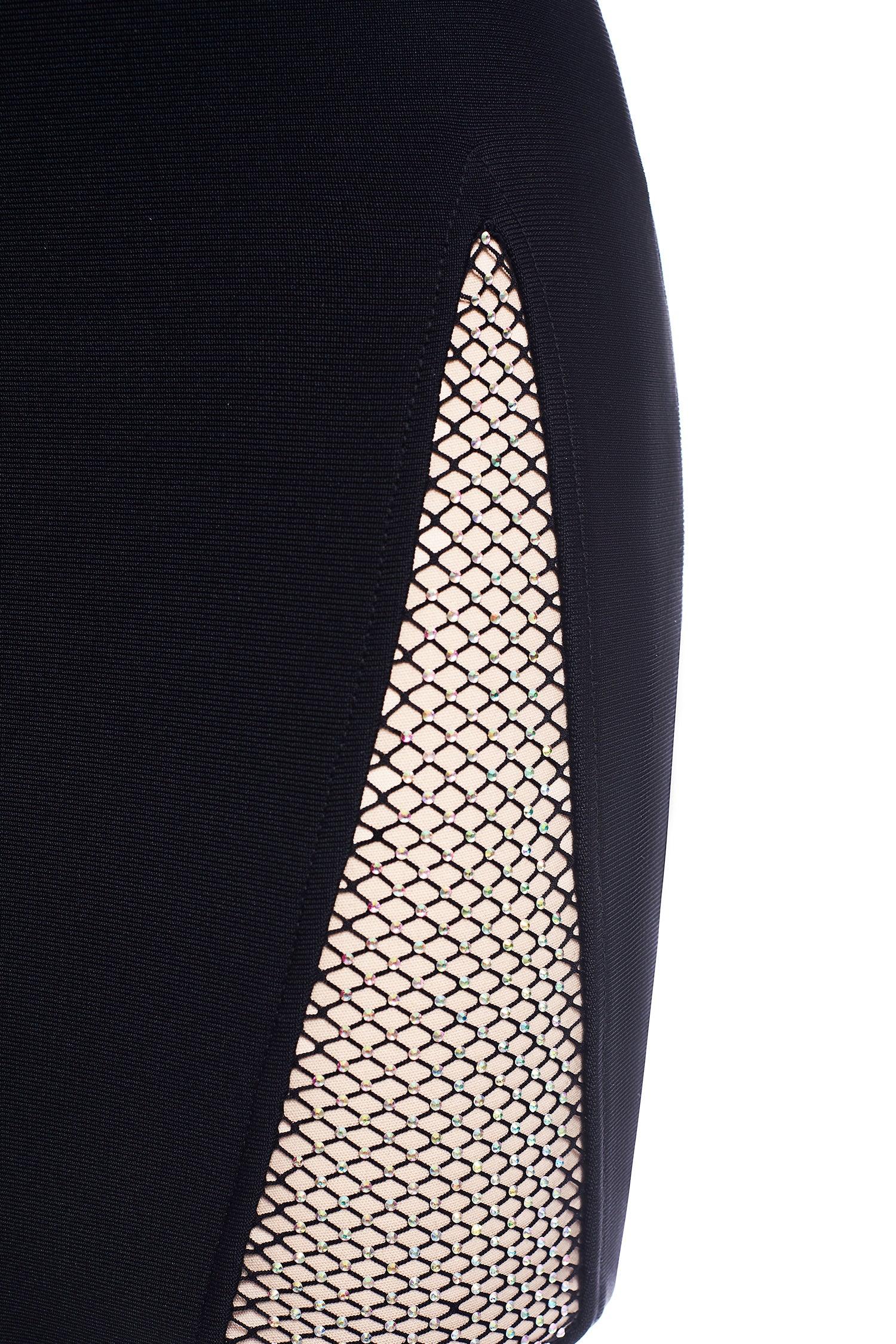 V Neck Bandage Bodycon Split Mini Dress - Classic Black - Bellabarnett