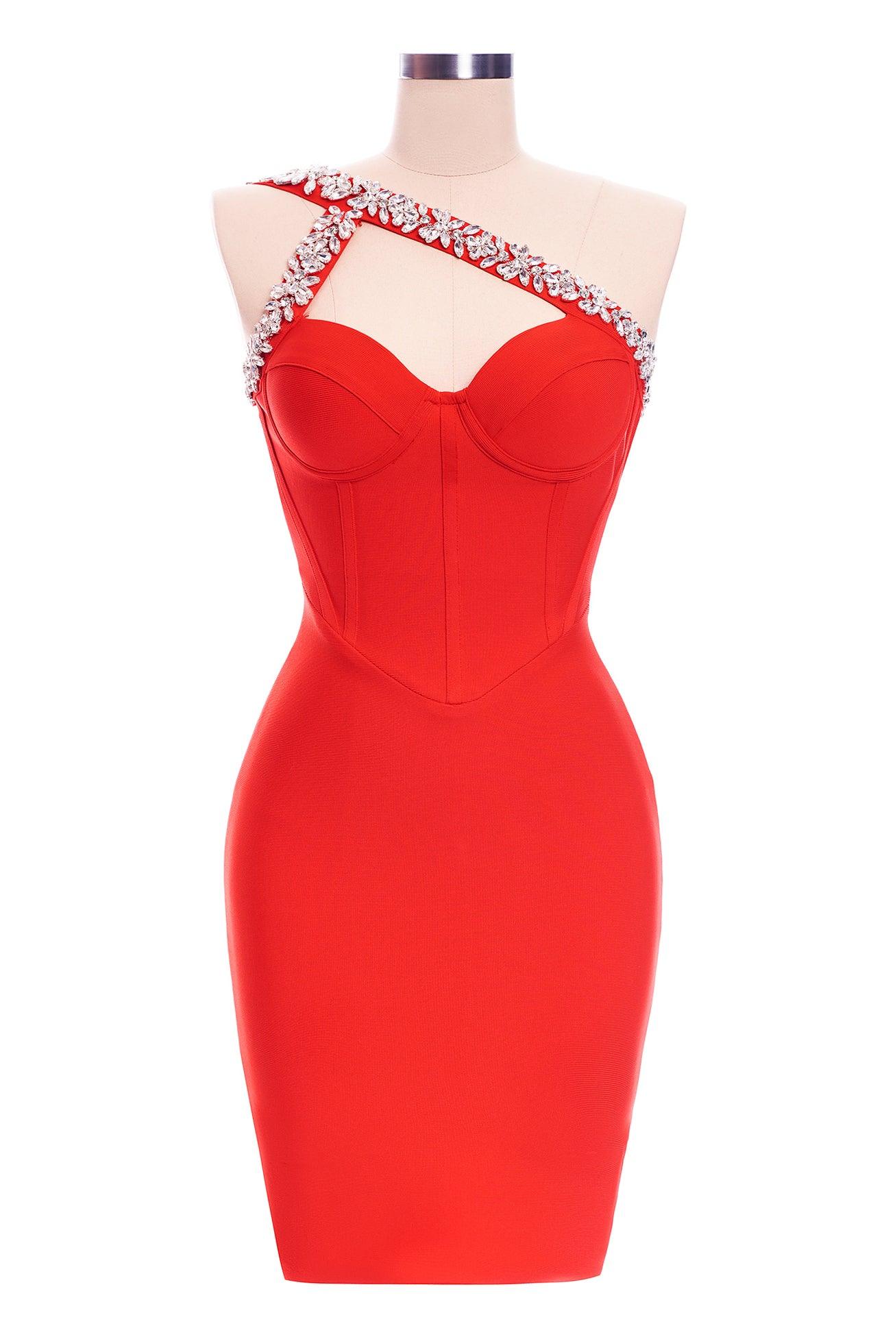 Rhinestone One Shoulder Bandage Cocktail Dress - Red - Bellabarnett