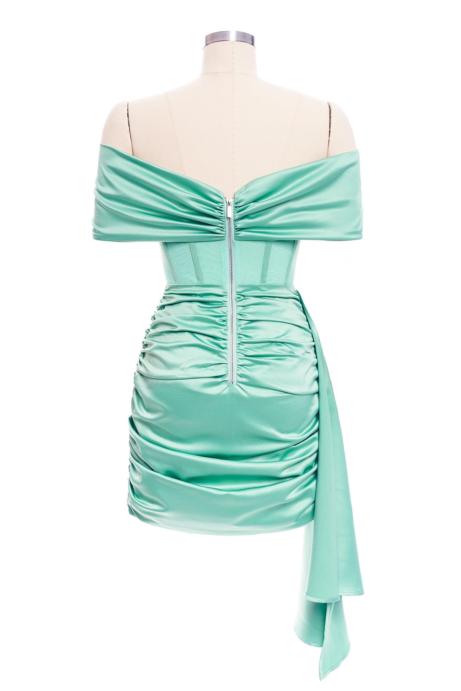Satin Draping Off Shoulder Ruched Corset Dress - Mint - Bellabarnett