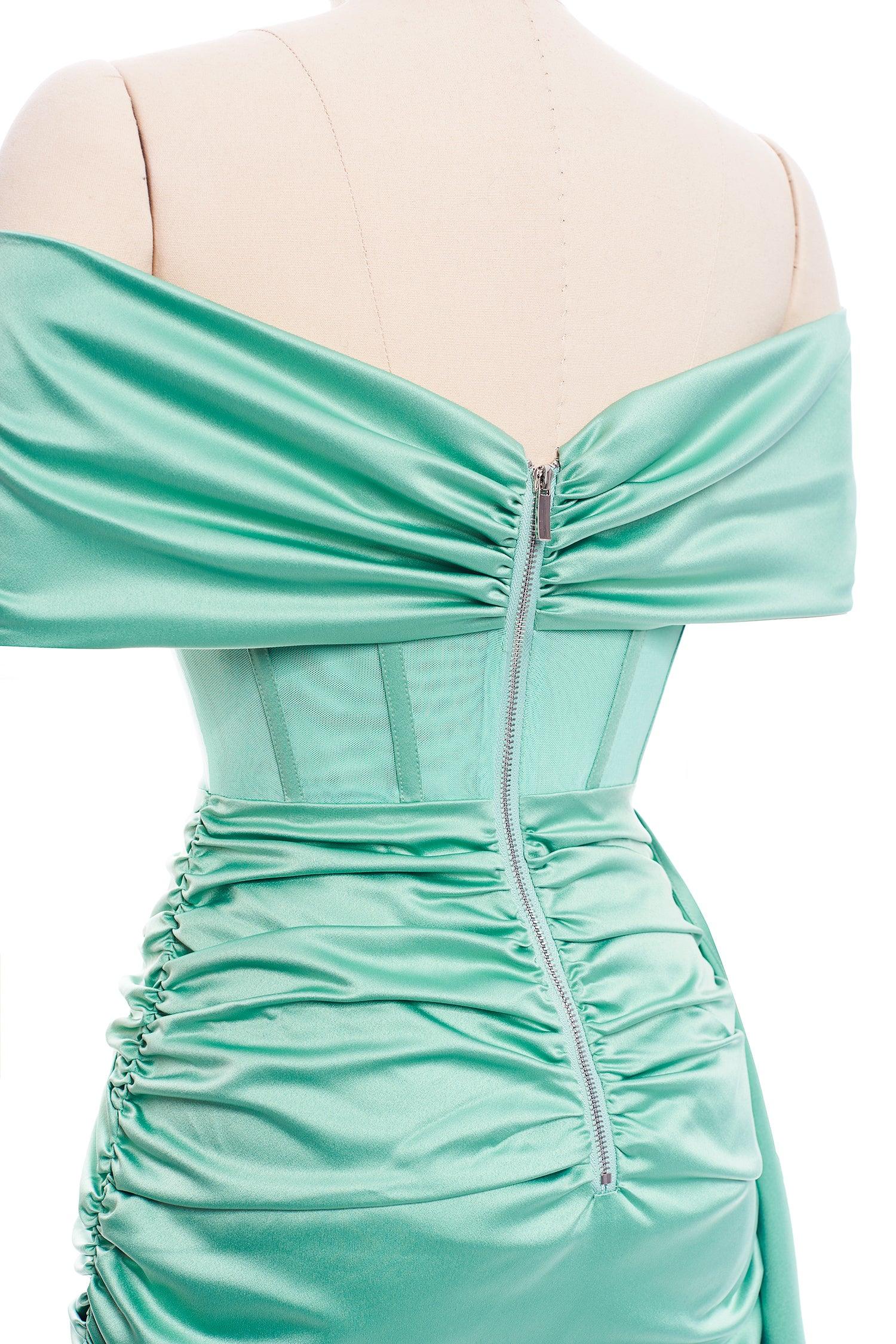Satin Draping Off Shoulder Ruched Corset Dress - Mint - Bellabarnett