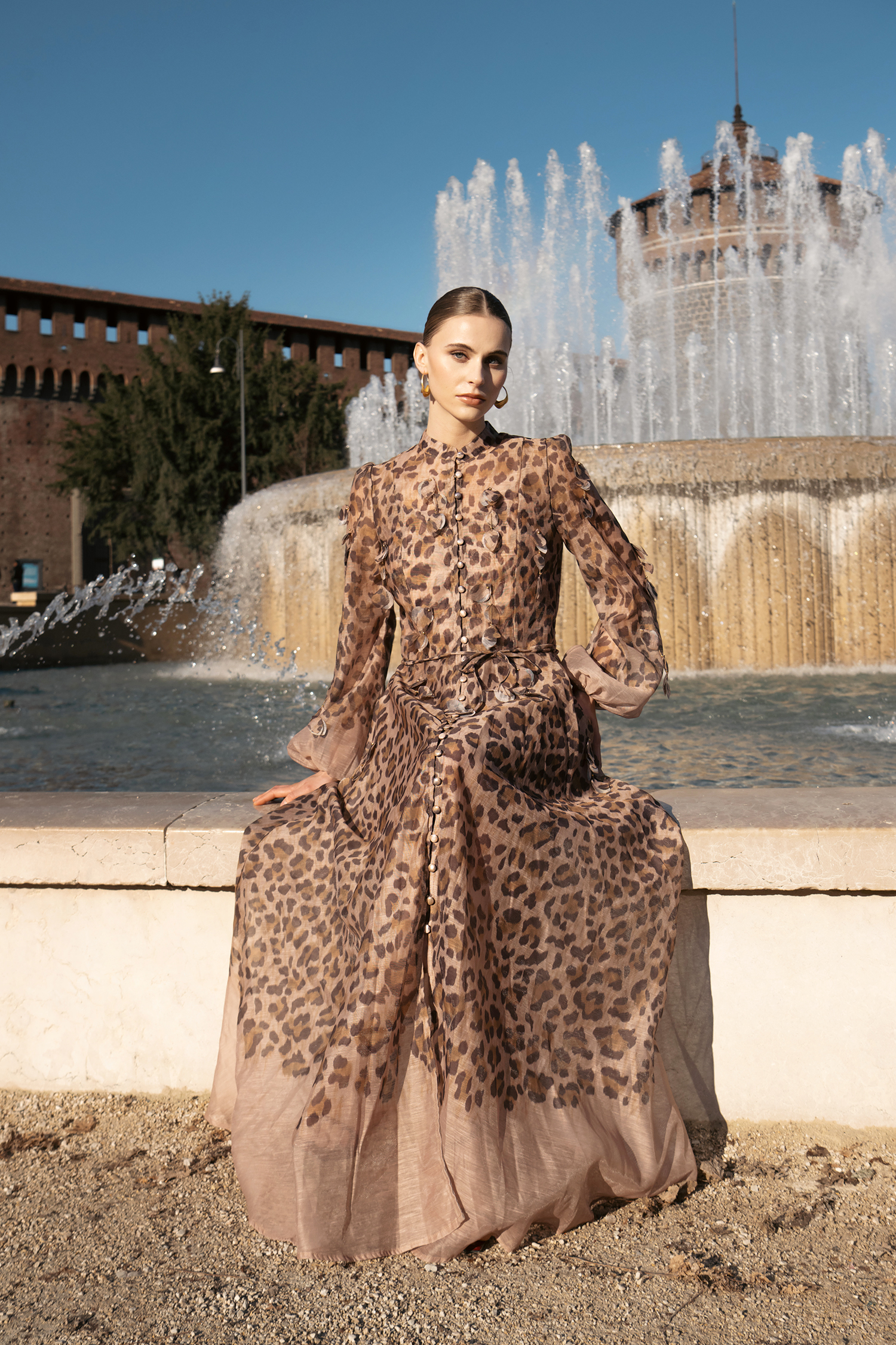 Myra Round Neck Long Sleeves Leopard Print Maxi Dress