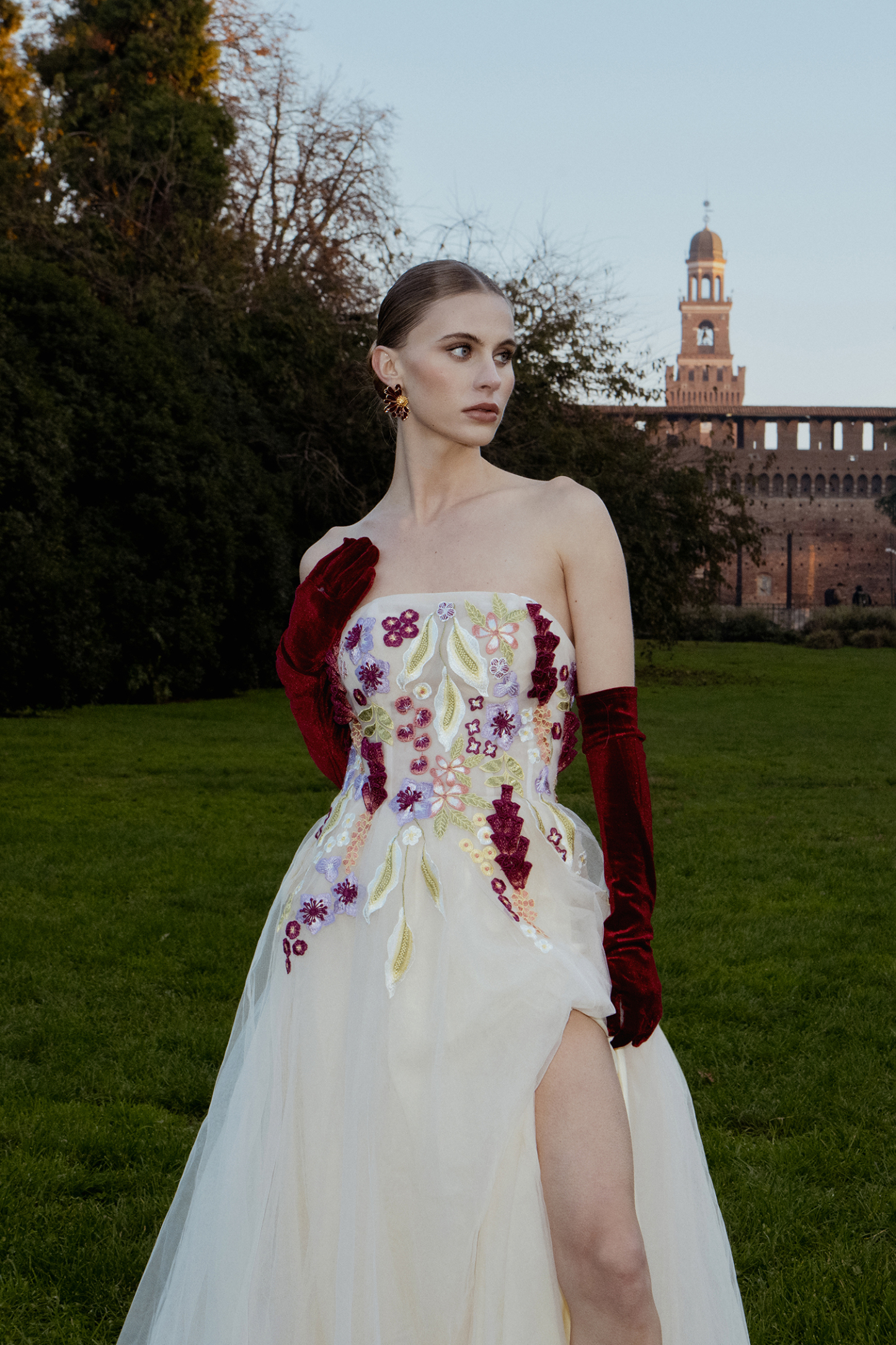 Rikiny Strapless Floral Embroidered High Slit Maxi Dress