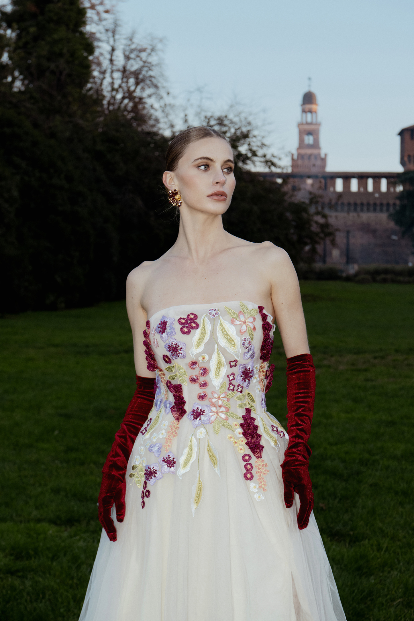 Rikiny Strapless Floral Embroidered High Slit Maxi Dress