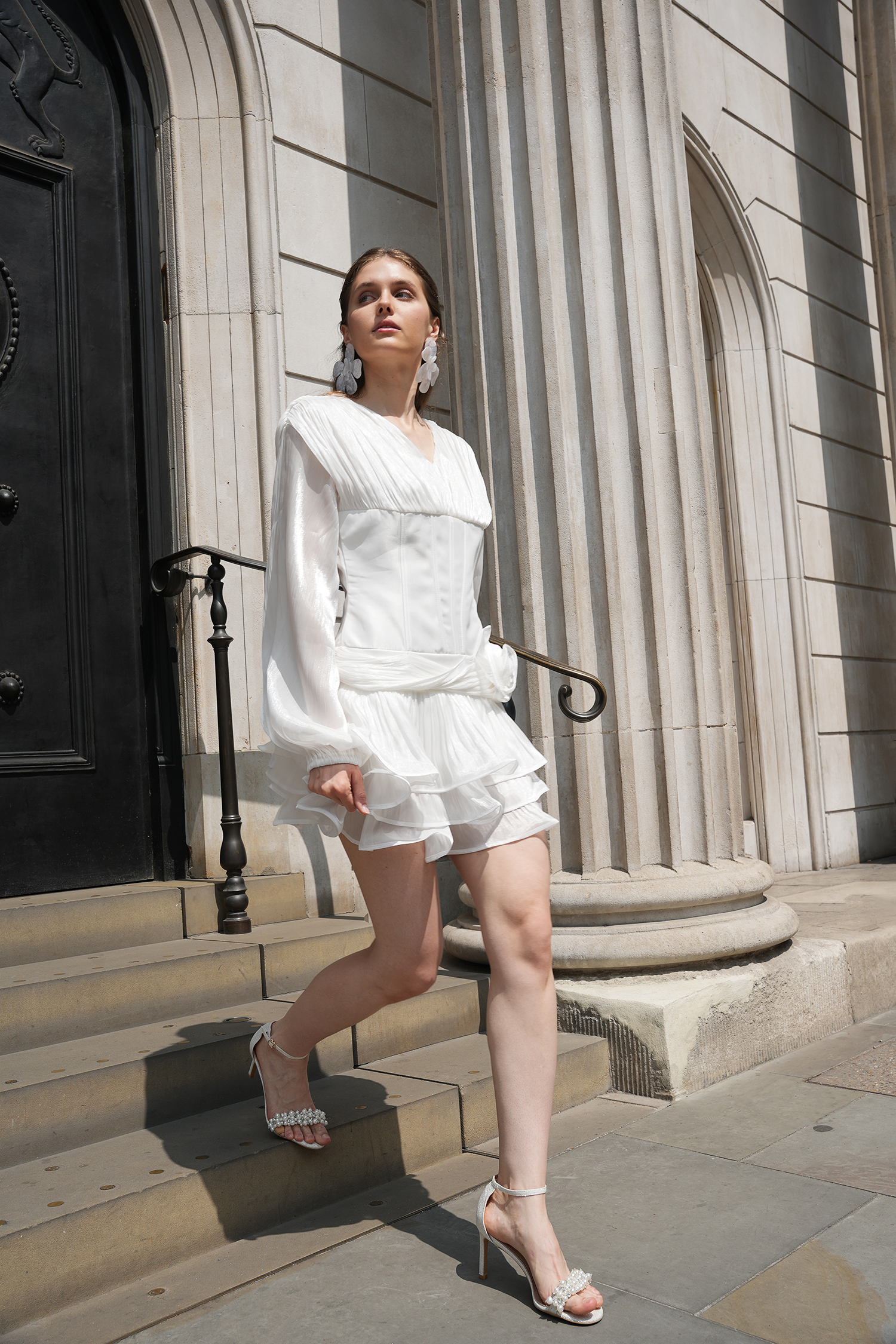 Gerasa Long Sleeve V-Neck Flowers Flounce Mini Dress