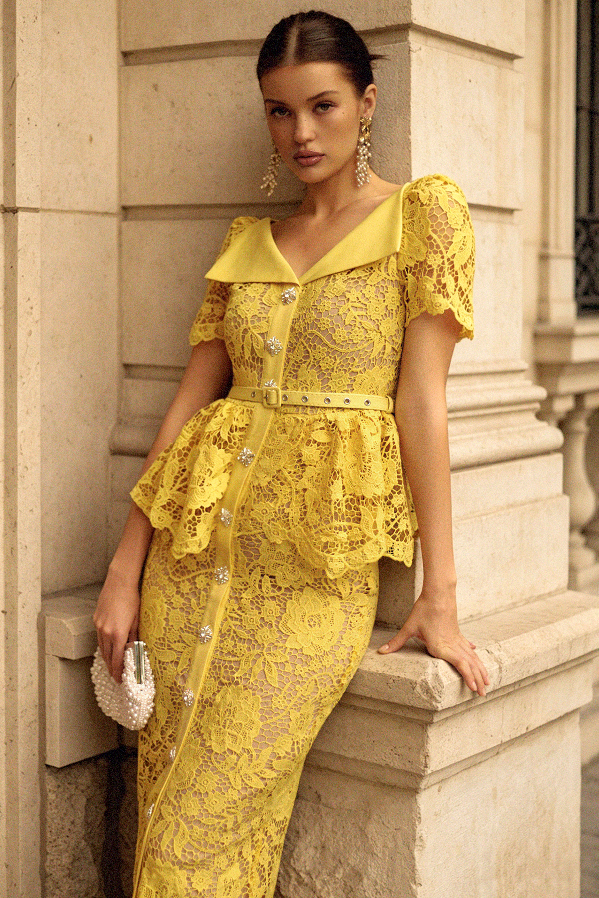 Quinn Elegant Cinched Short Sleeve Floral Lace Maxi Dress