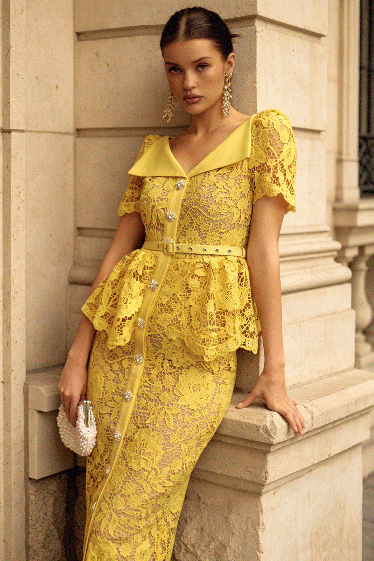 Quinn Elegant Cinched Short Sleeve Floral Lace Maxi Dress