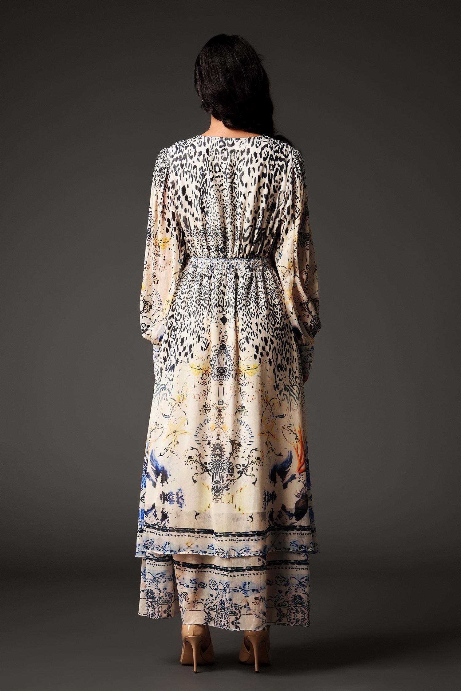 Daware Deep-V Long Sleeves Printing Maxi Dress