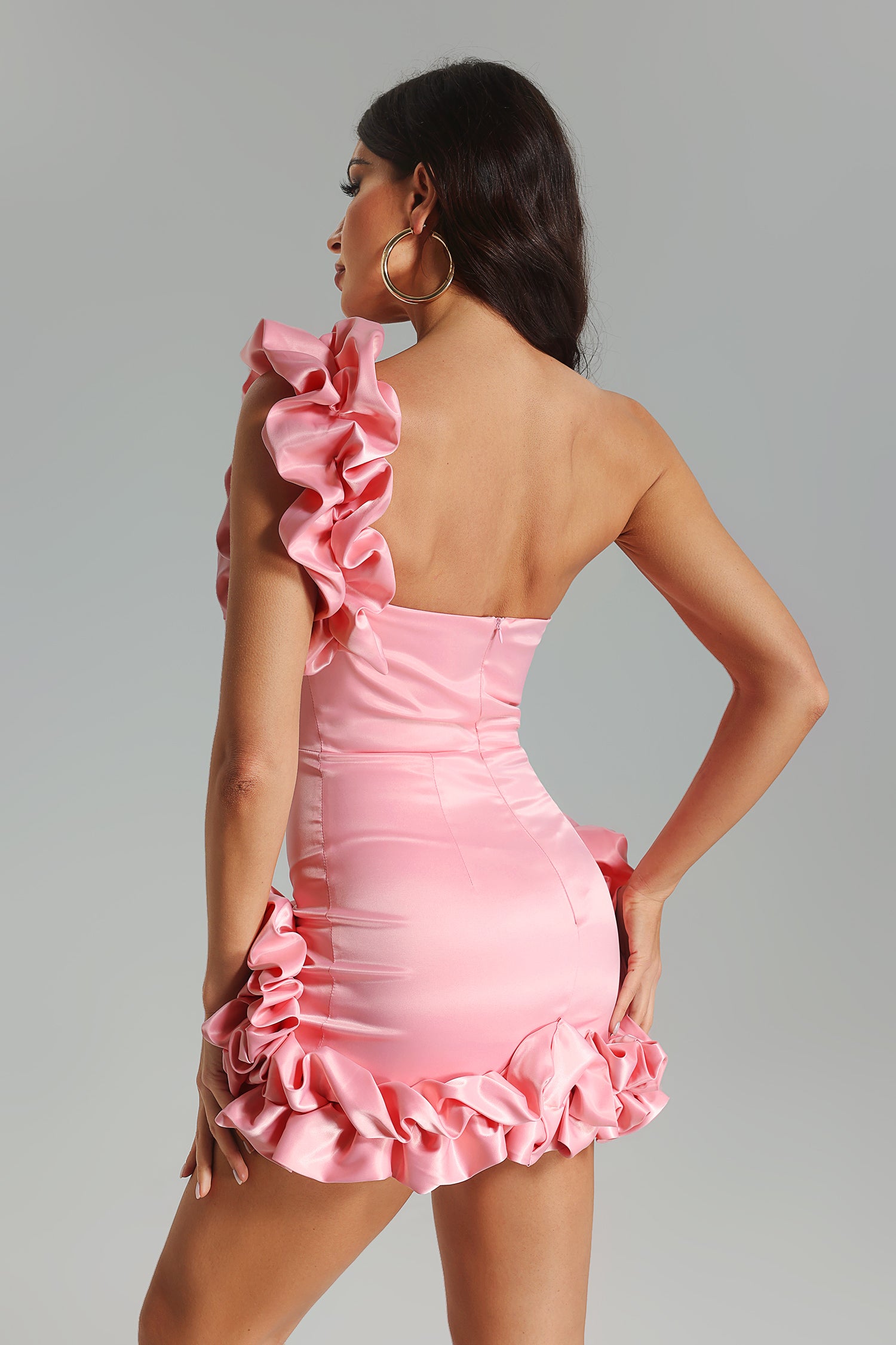 Demi One Shoulder Satin Mini Dress-Pink