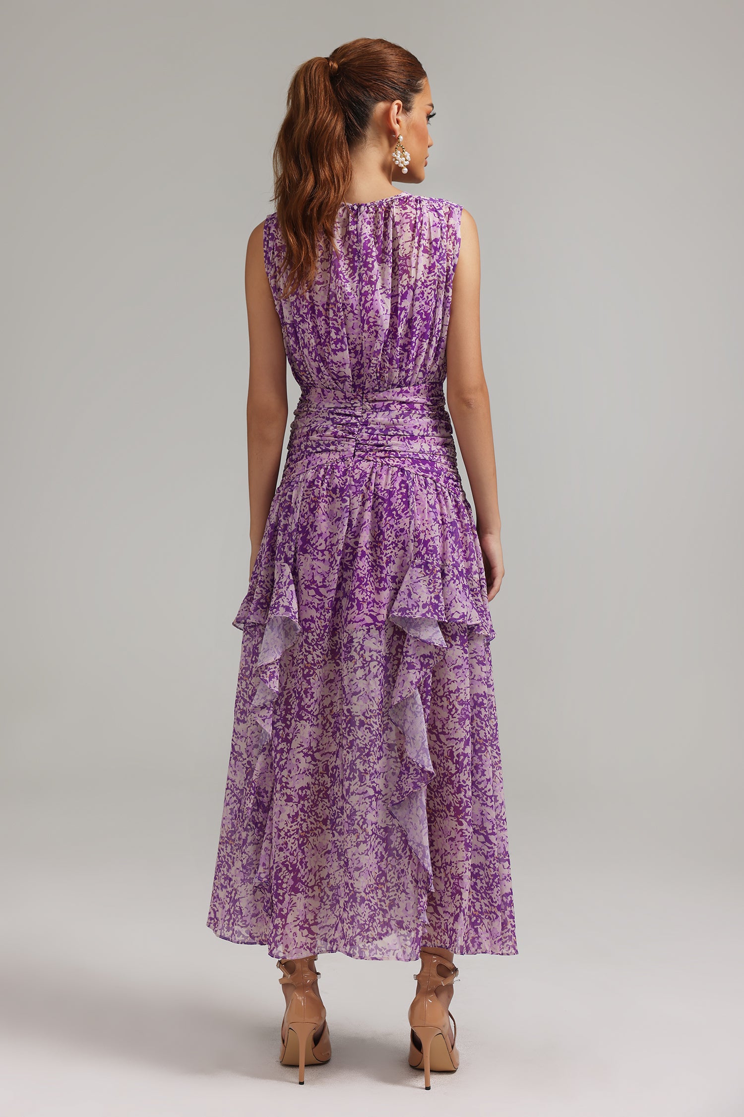 Elily Ruched Sleeveless Printed Maxi Dress