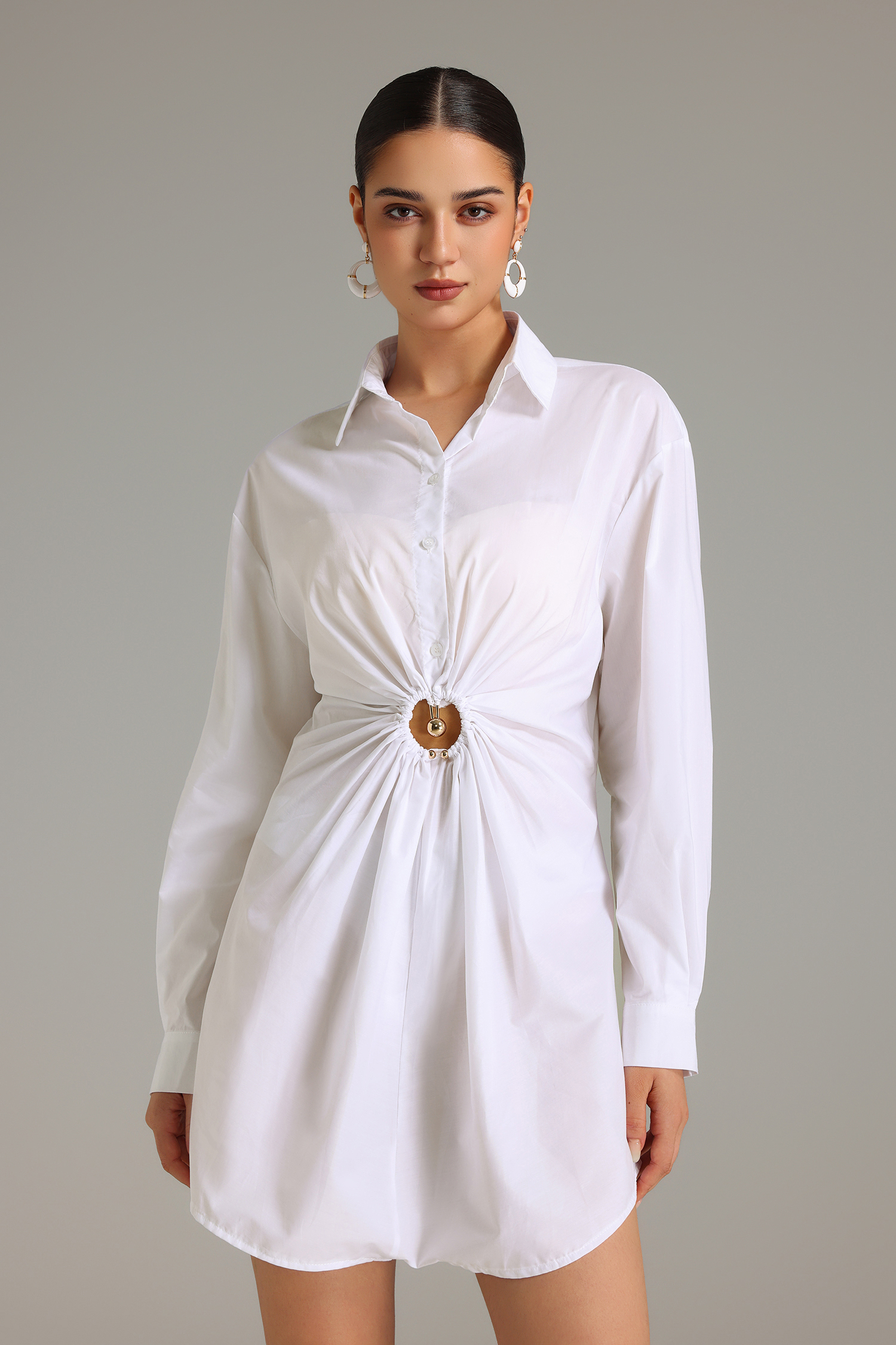 Elma Ruched Hollow-Out Shirt Mini Dress