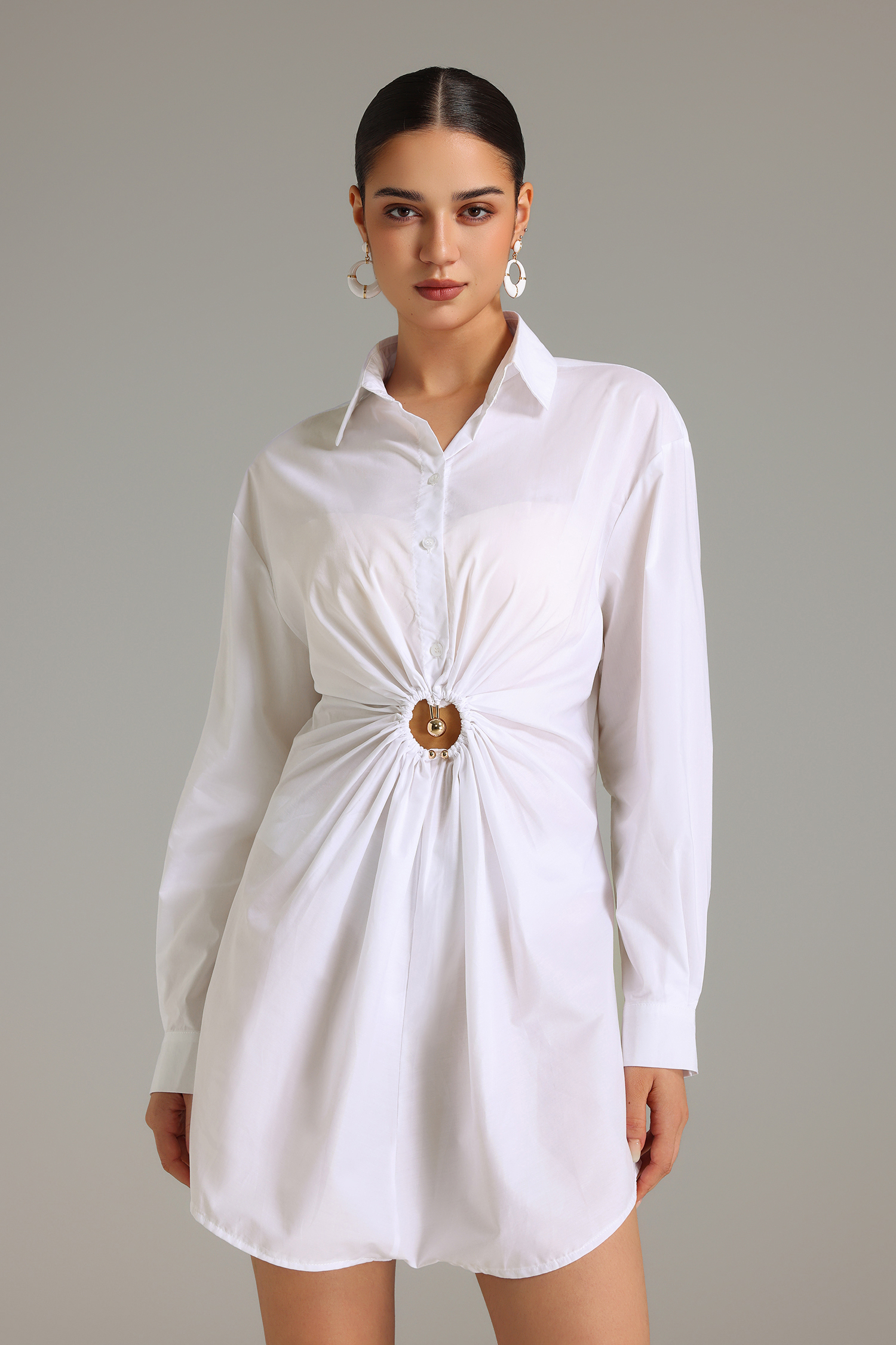 Elma Ruched Hollow-Out Shirt Mini Dress