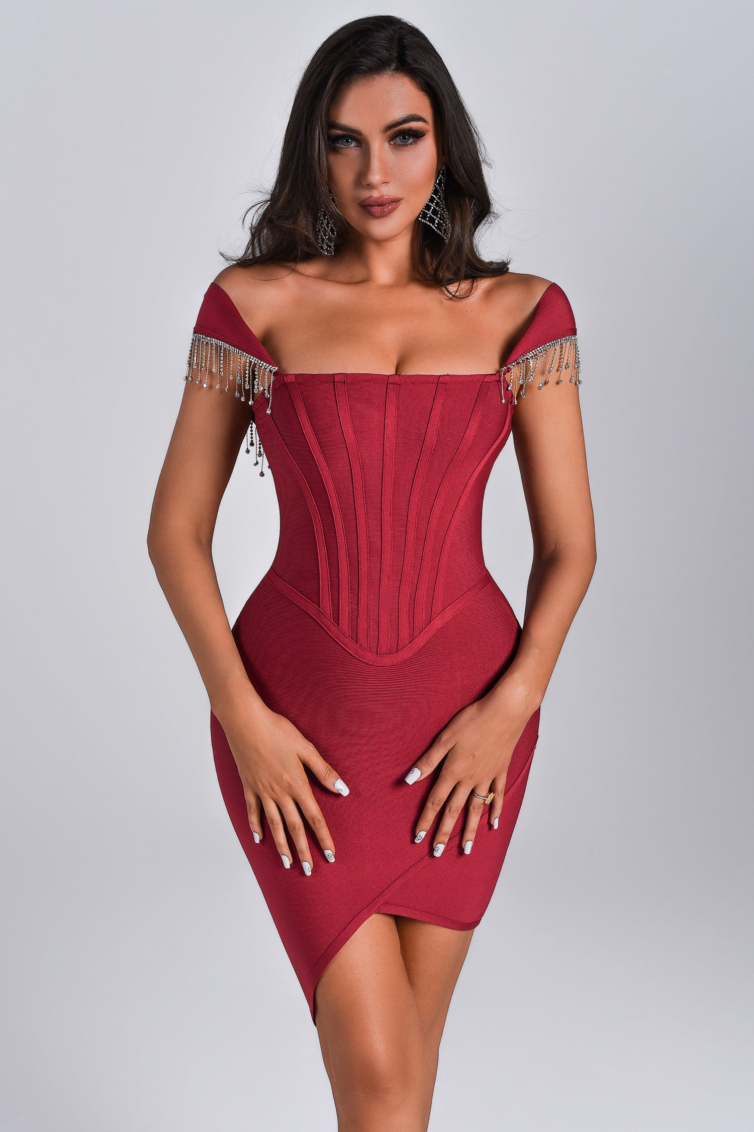 Emerson Crystal Tassle Off Shoulder Bandage Dress - Red