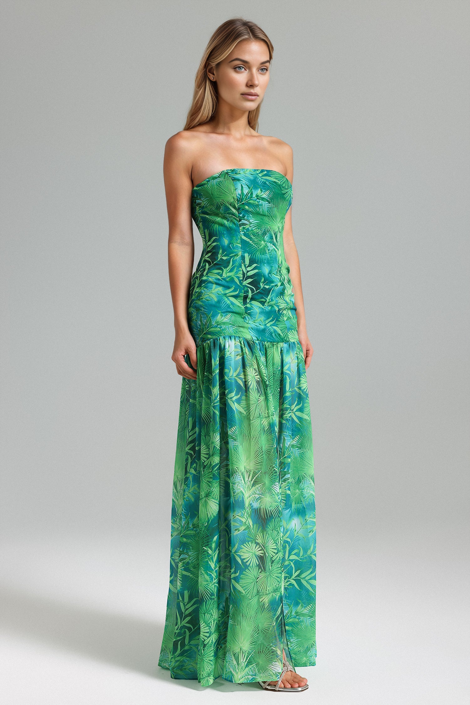 Emilee Leaves Print Pleated Maxi Dress