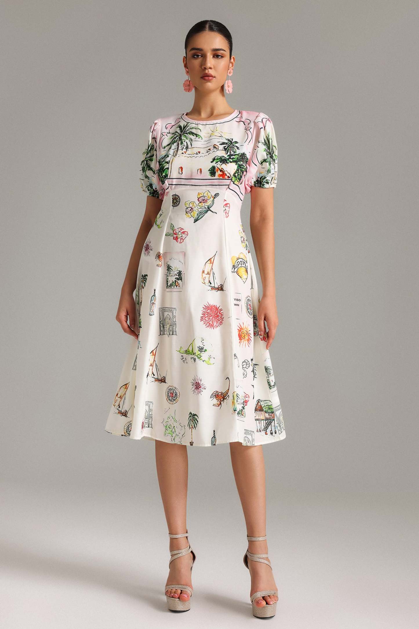 Emmeline Puff Sleeves Printed Midi Dress