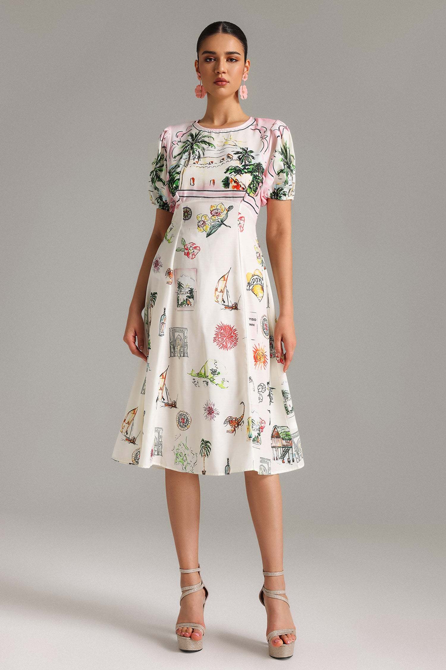 Emmeline Puff Sleeves Printed Midi Dress