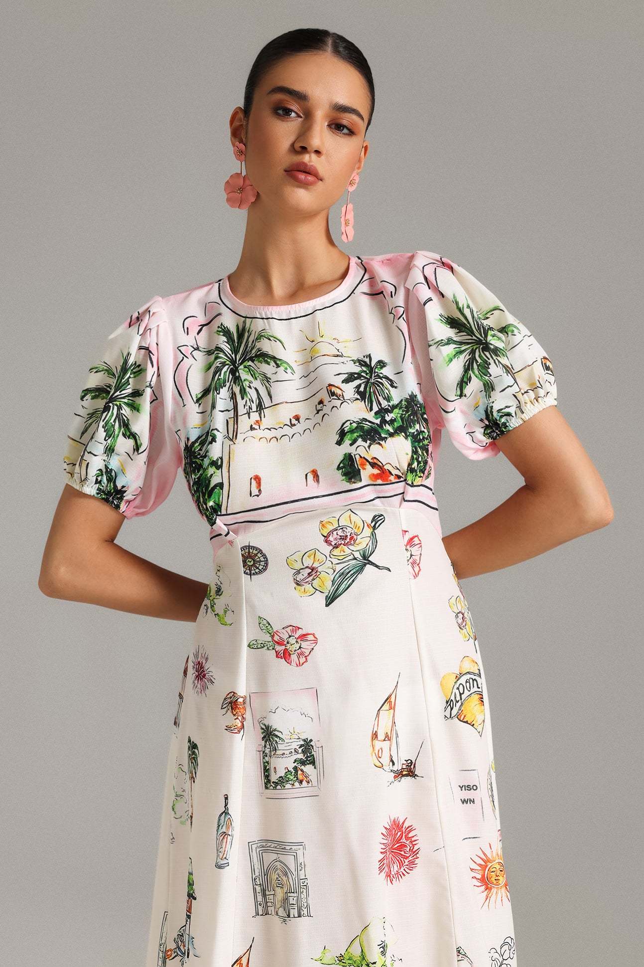 Emmeline Puff Sleeves Printed Midi Dress