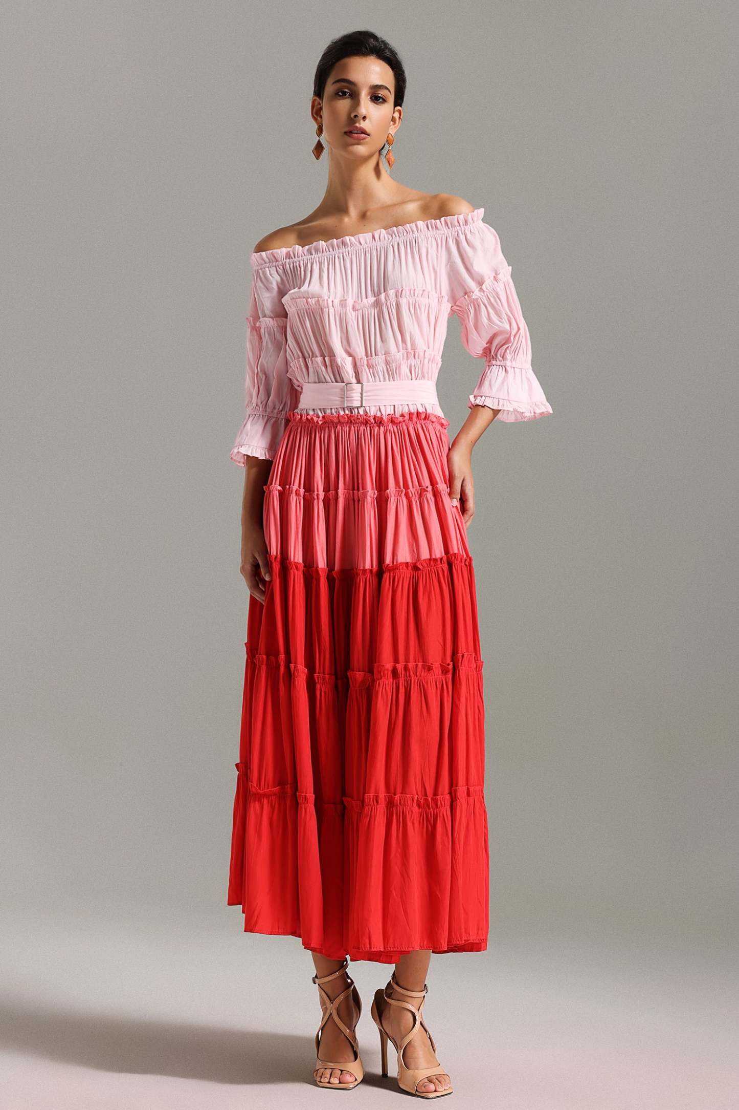 Erryn Flounced Off Shoulder Gradient Midi Dress