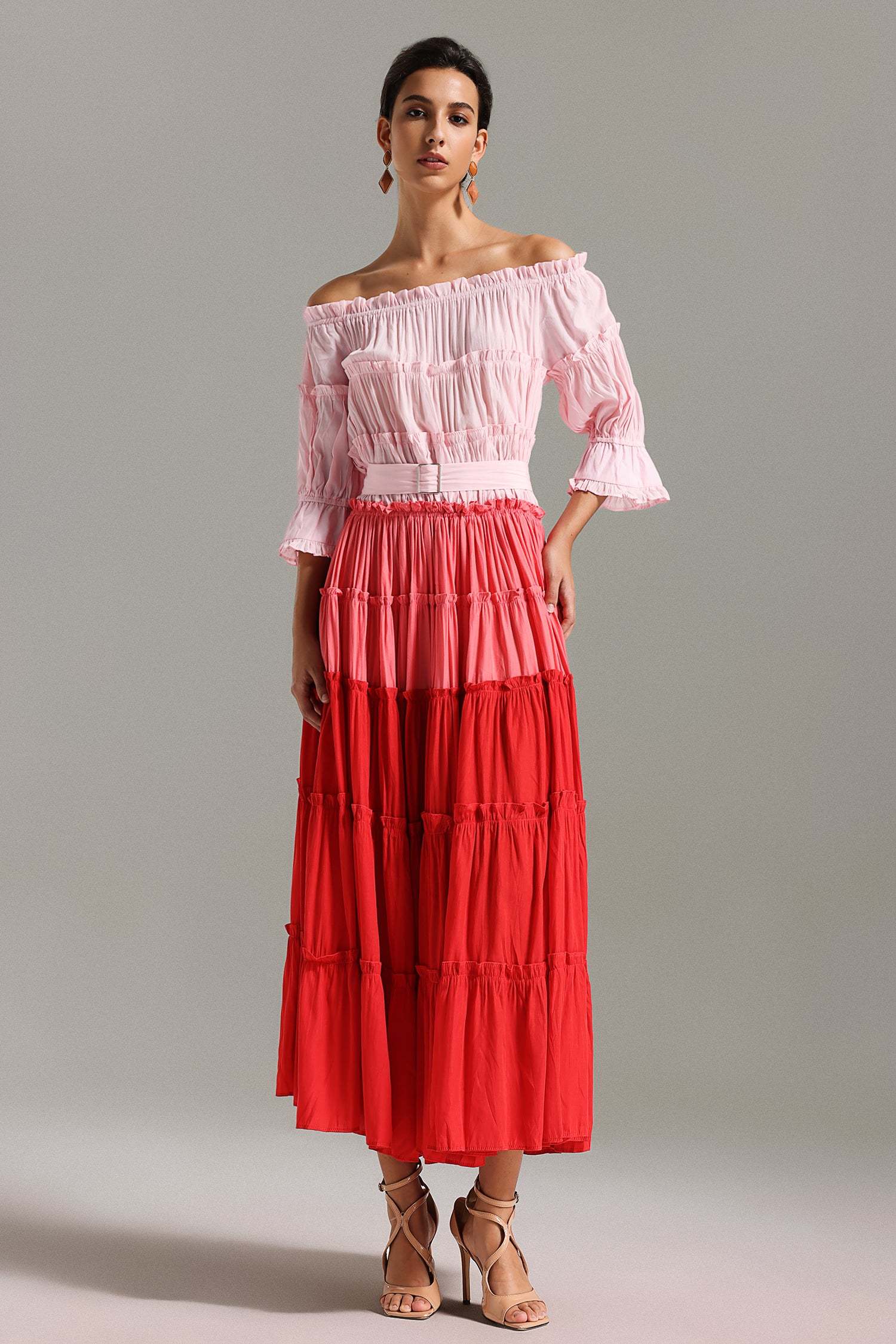 Erryn Flounced Off Shoulder Gradient Midi Dress