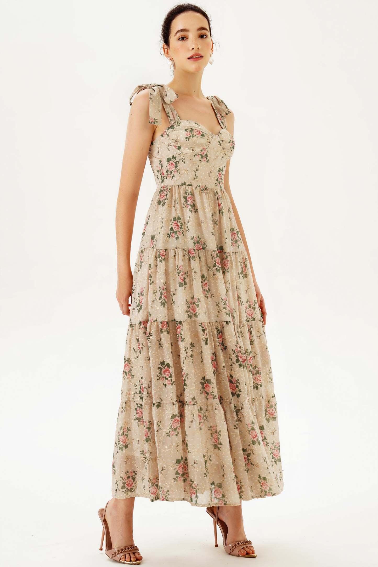 Floral Corset Backless Lace Up Large Hemline Cami Maxi Dress Beige