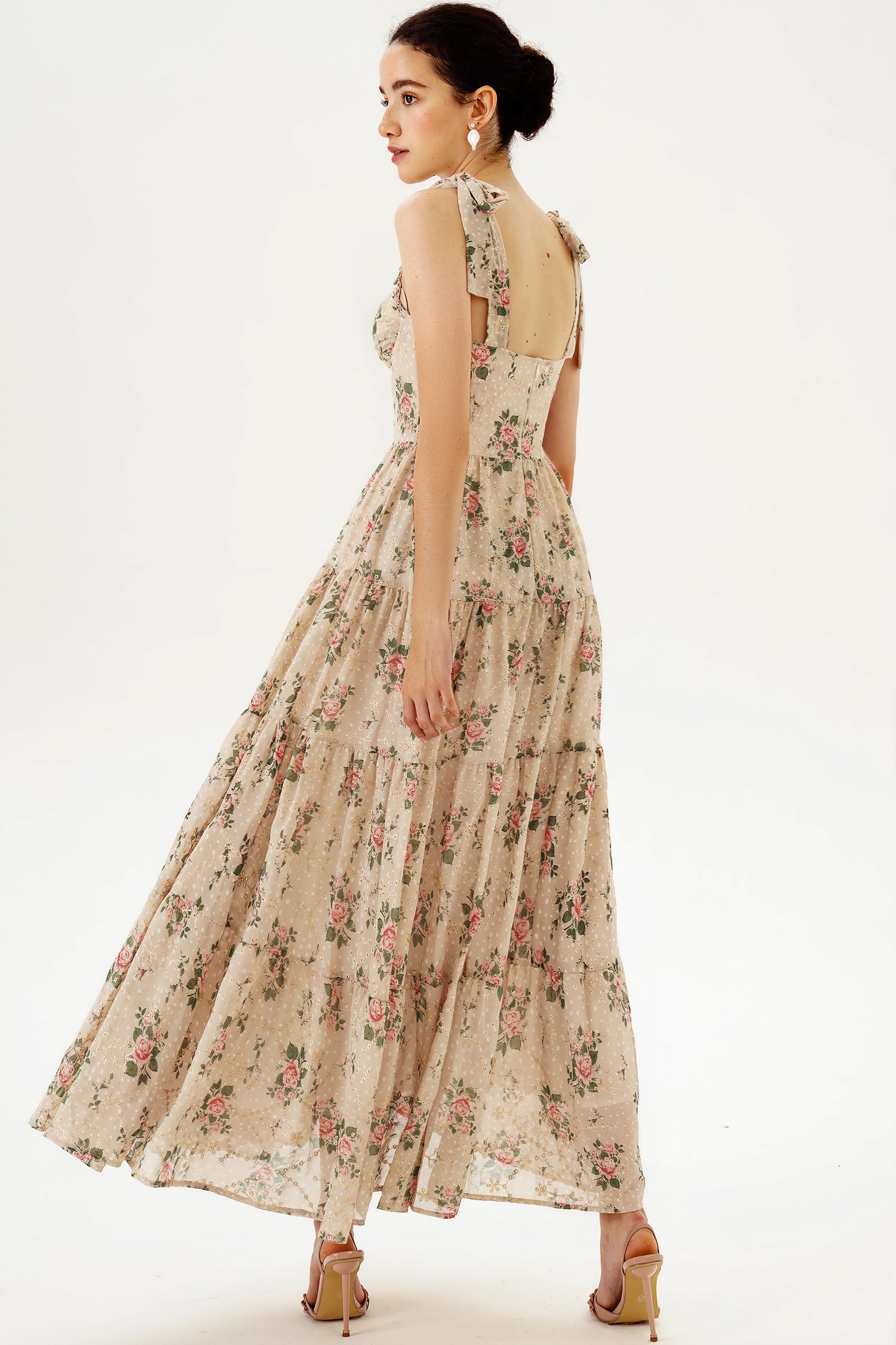 Floral Corset Backless Lace Up Large Hemline Cami Maxi Dress Beige