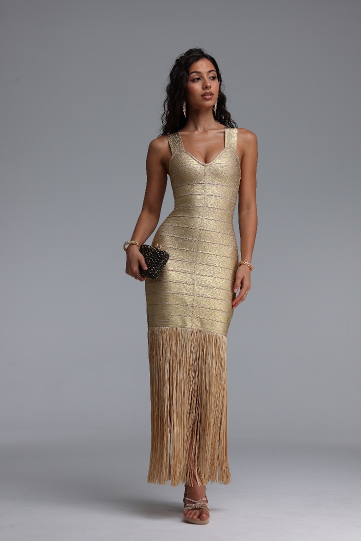 Zerasa Stylish Slim Fit Spaghetti Strap Tassel Bandage Maxi Dress