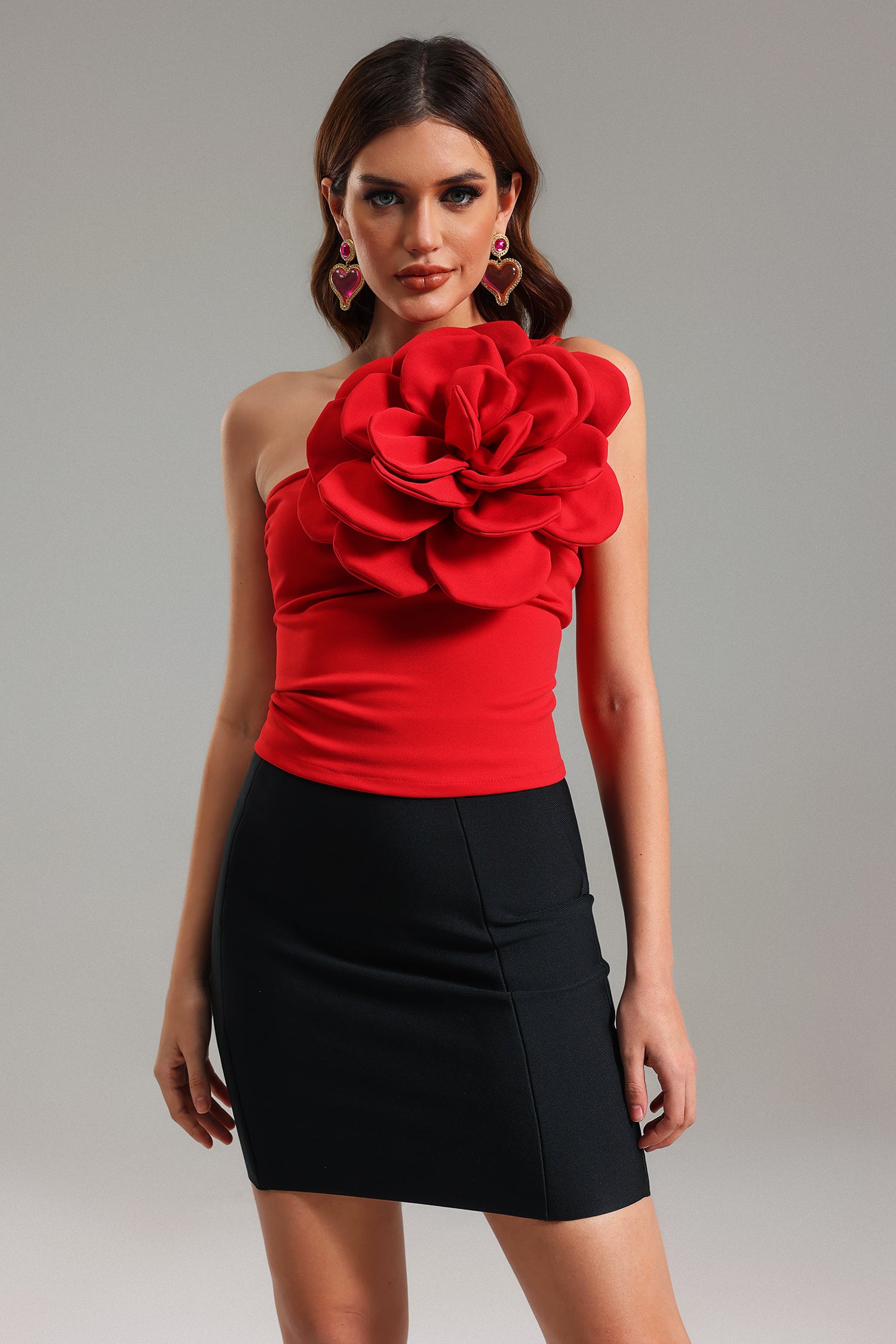 Fuffy Flower One Shoulder Top - Red