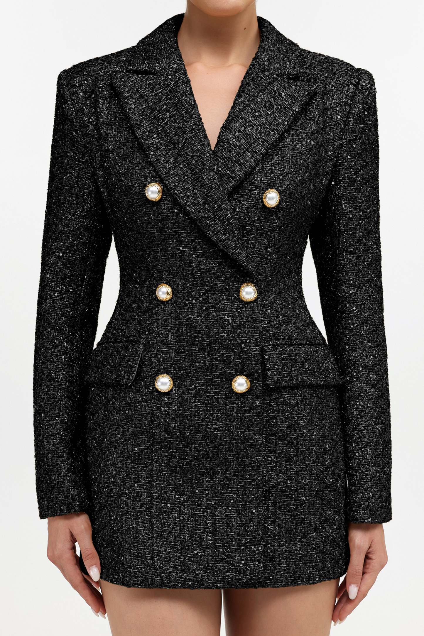 Tereza Glamorous Tailored Long Sleeve Tweed Black Blazer Dress