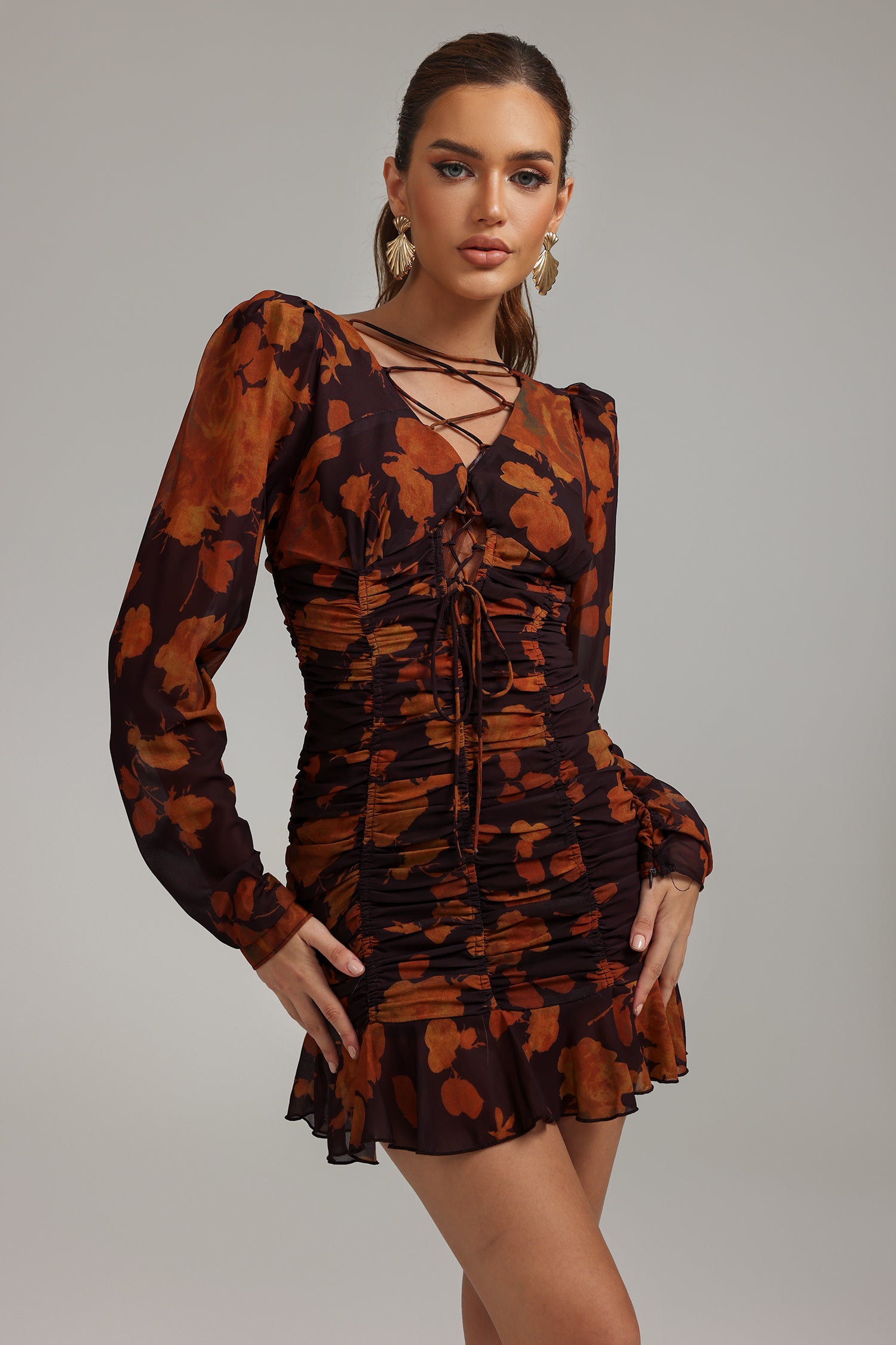 Haliy Lace Up Ruched Printed Mini Dress