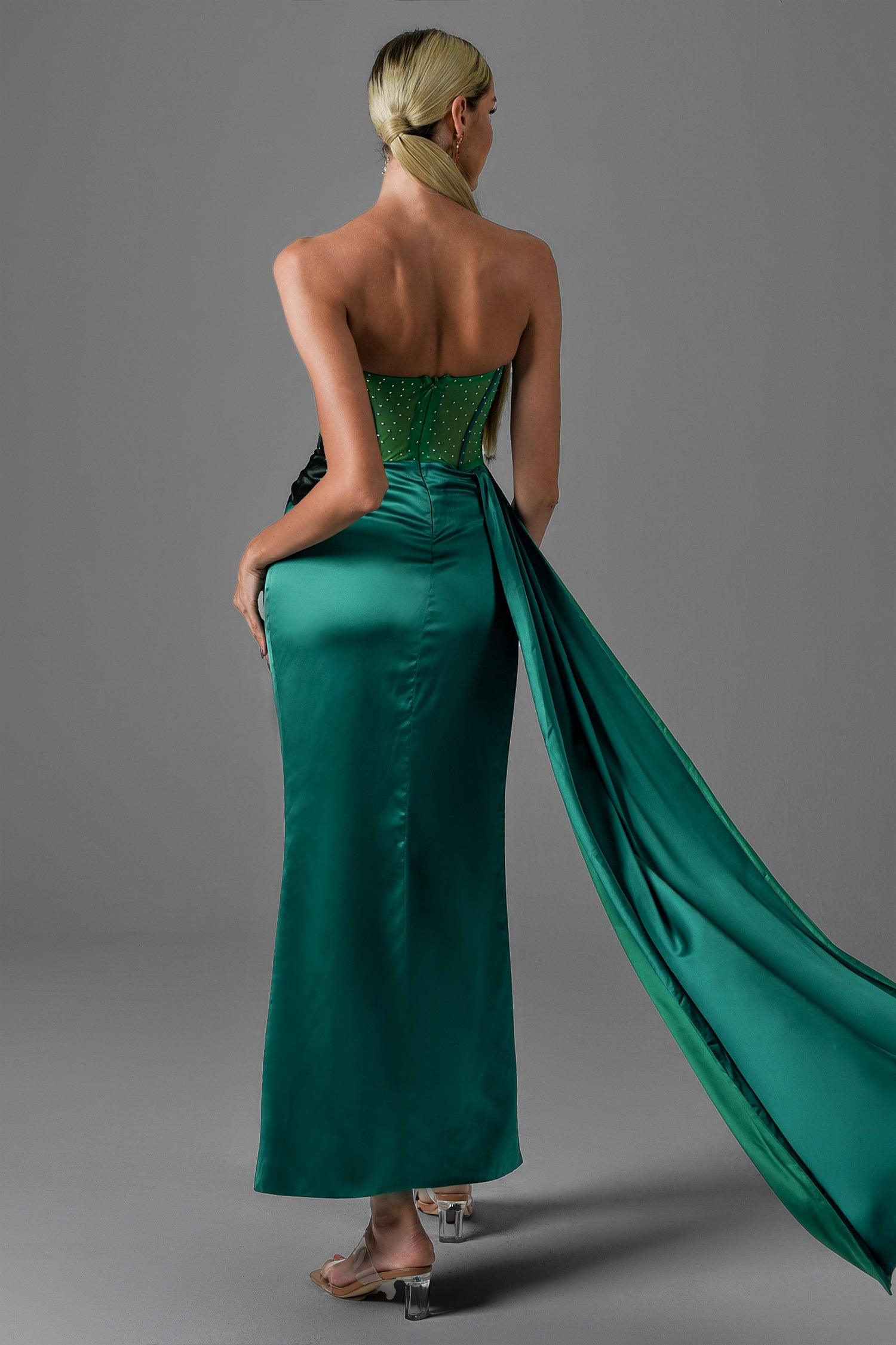 Haliya Crystallized Corset High Slit Gown - Green