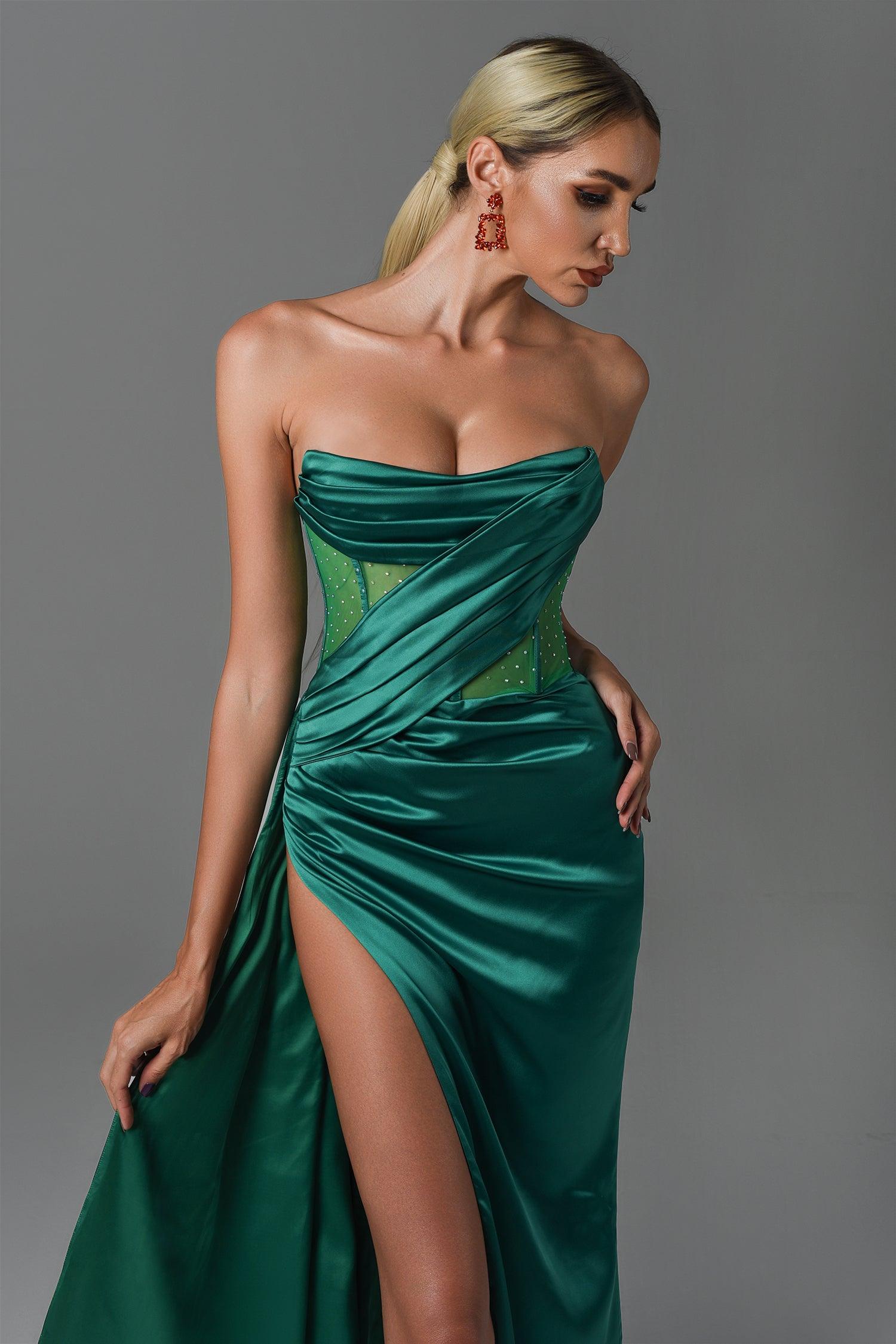 Haliya Crystallized Corset High Slit Gown - Green