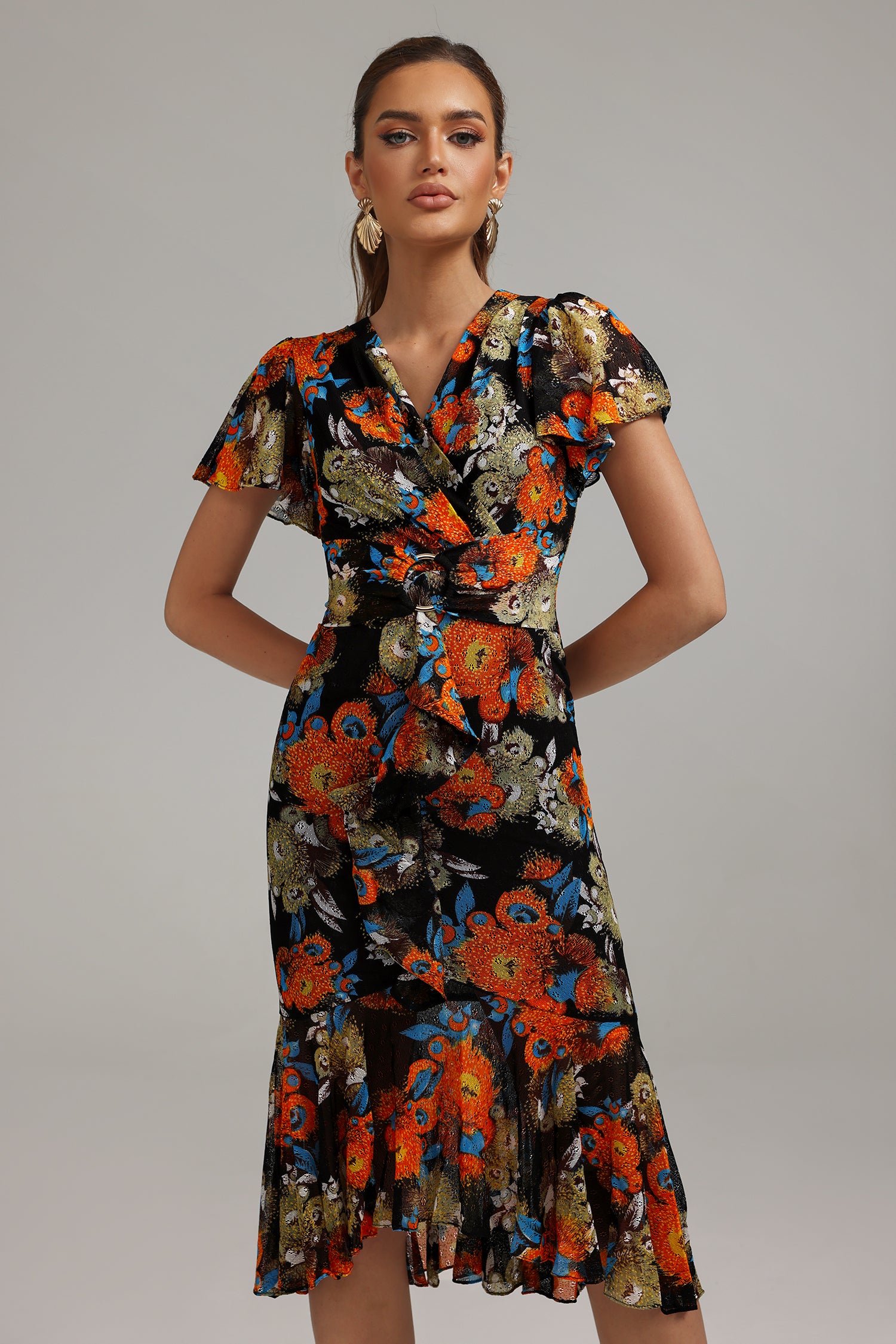Hayden Printed Flounced Midi Dress