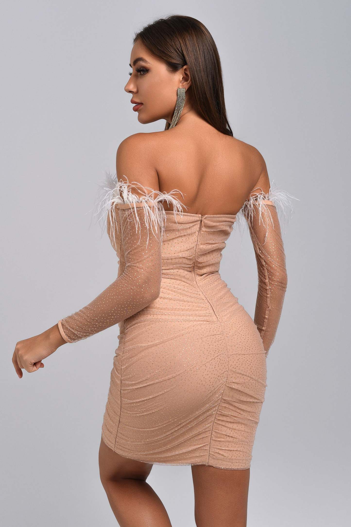 Irida Feather Off Shoulder Mini Bandage Dress