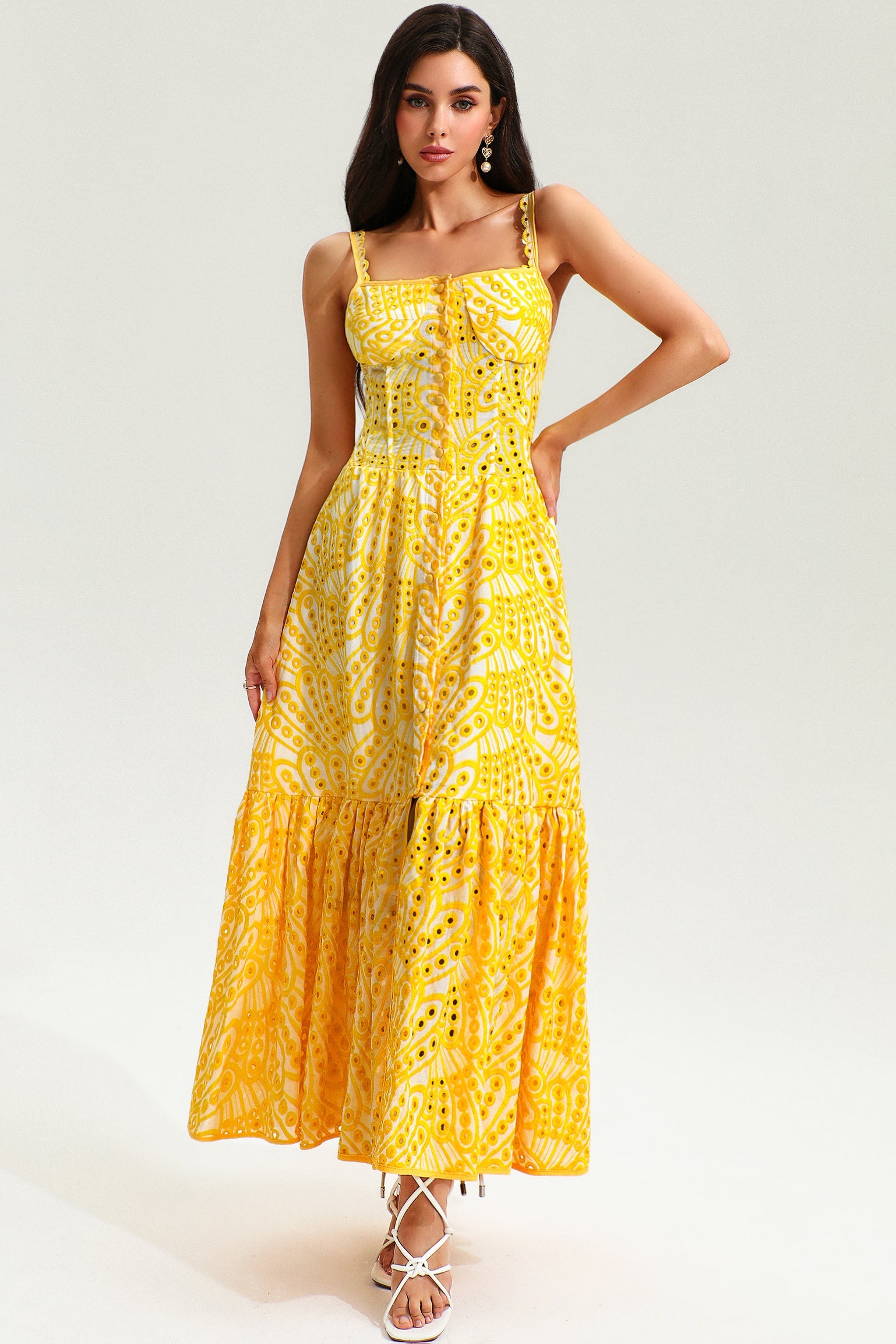 Lace Buttoned Ruffle Hem Cami Midi Dress