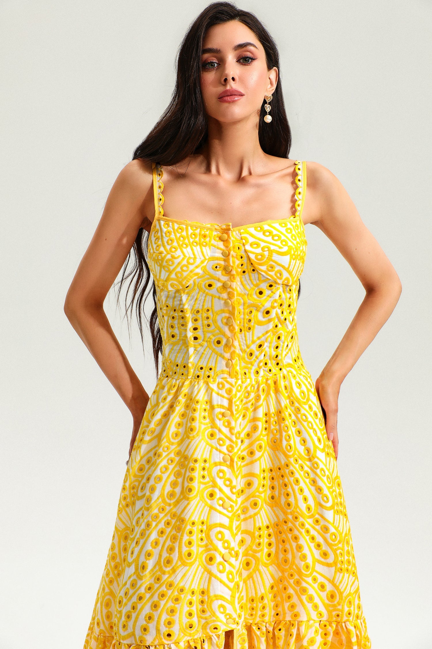 Lace Buttoned Ruffle Hem Cami Midi Dress