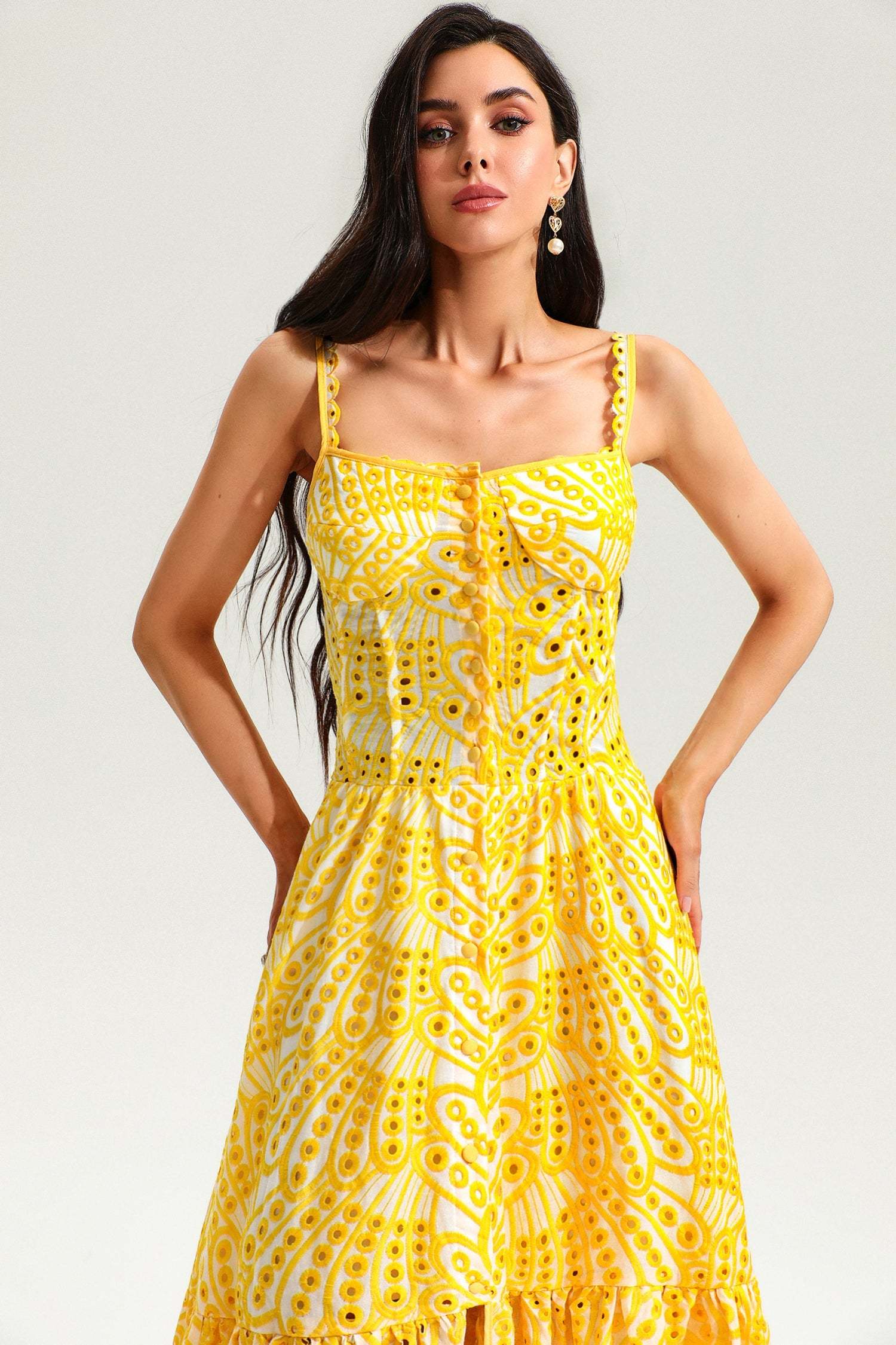 Lace Buttoned Ruffle Hem Cami Midi Dress