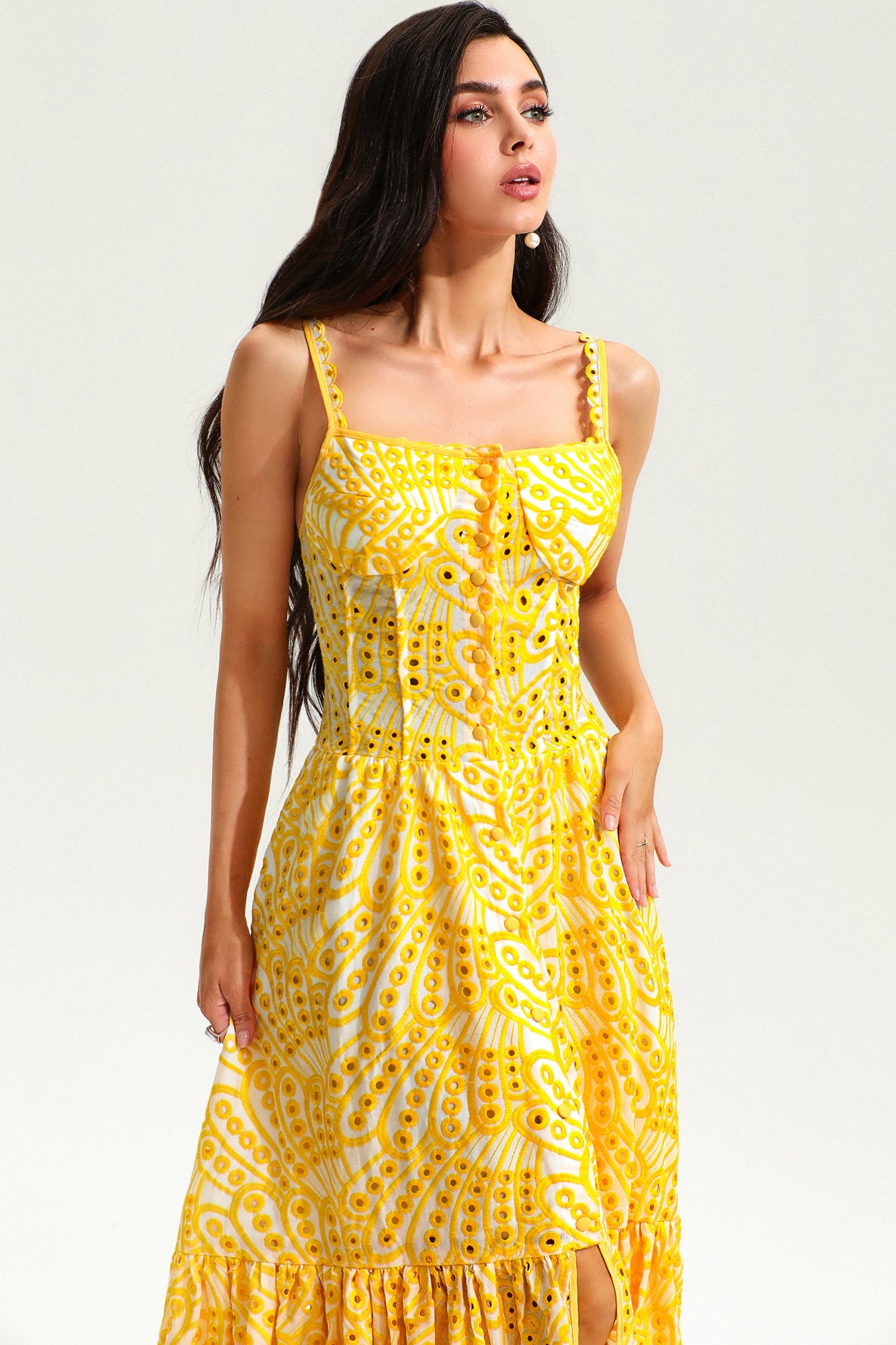 Lace Buttoned Ruffle Hem Cami Midi Dress