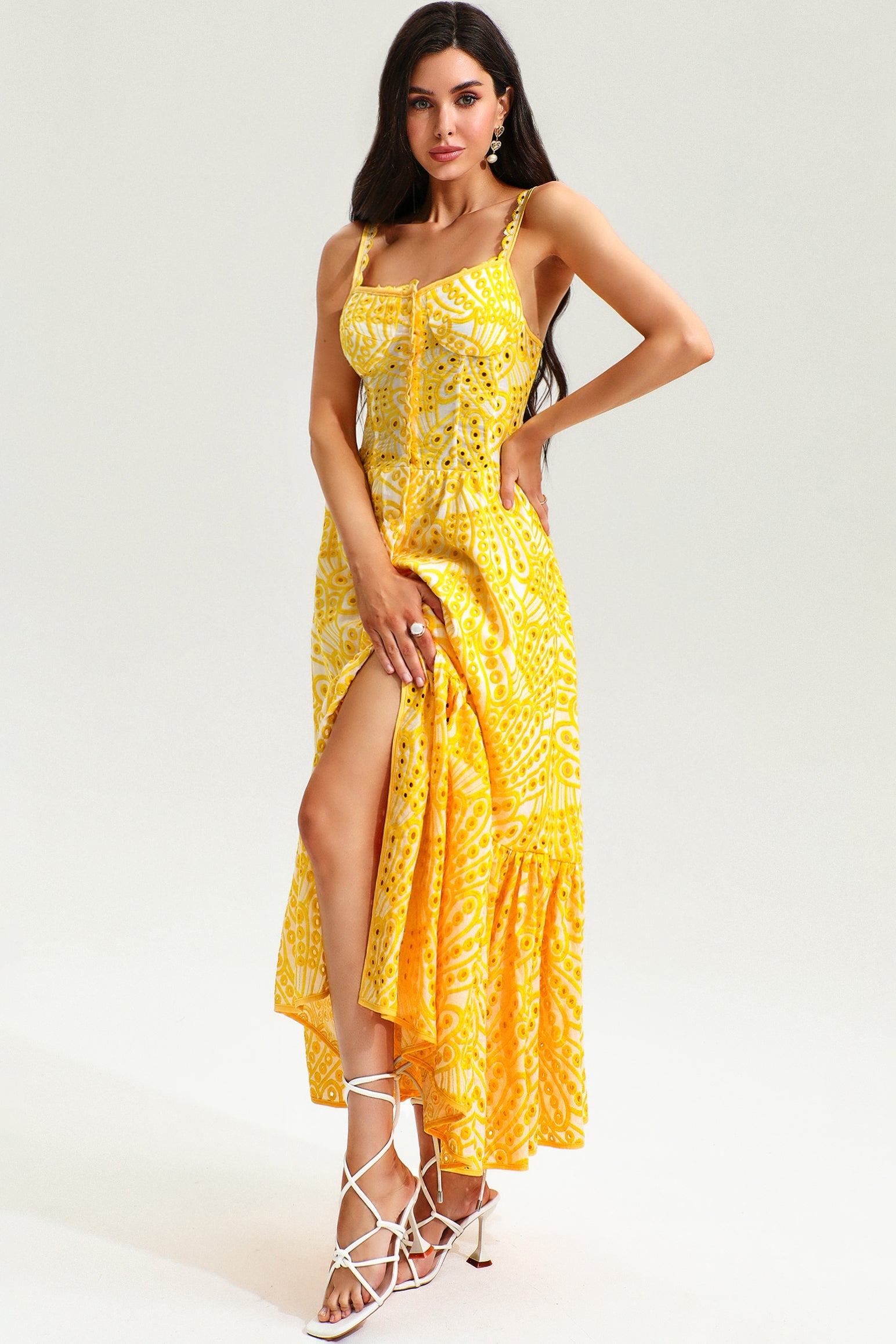 Lace Buttoned Ruffle Hem Cami Midi Dress