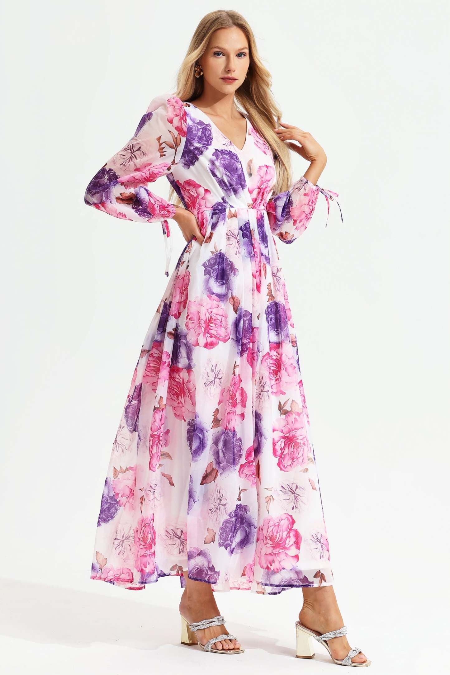 Floral Puff Long Sleeve V-neck Maxi Dress