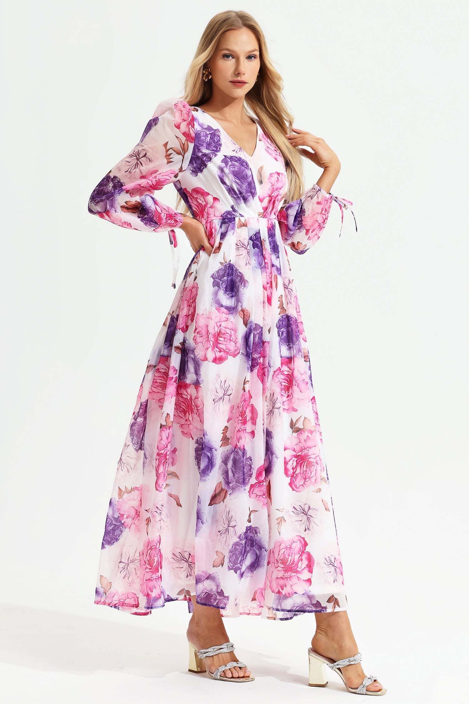 Floral Puff Long Sleeve V-neck Maxi Dress
