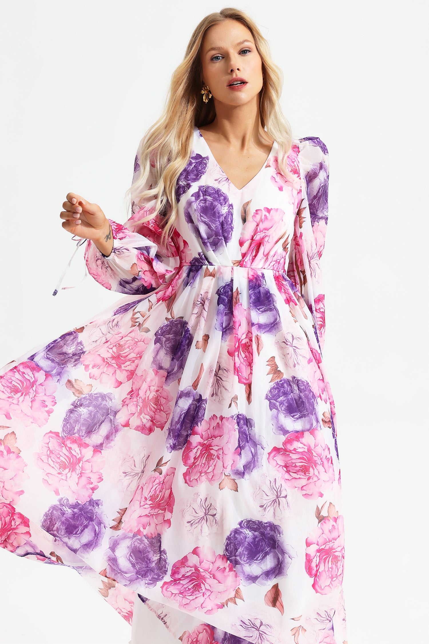 Floral Puff Long Sleeve V-neck Maxi Dress