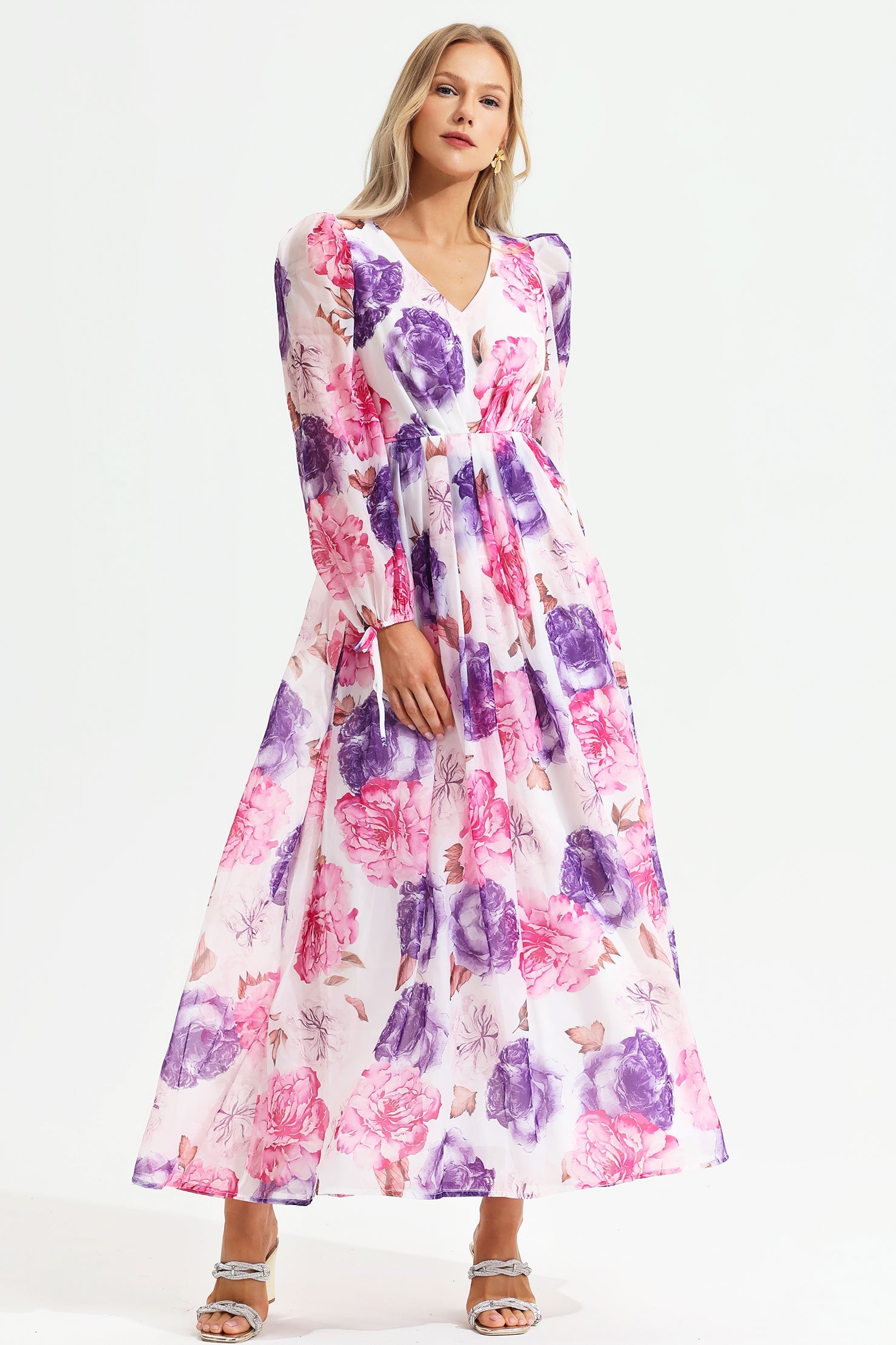 Floral Puff Long Sleeve V-neck Maxi Dress