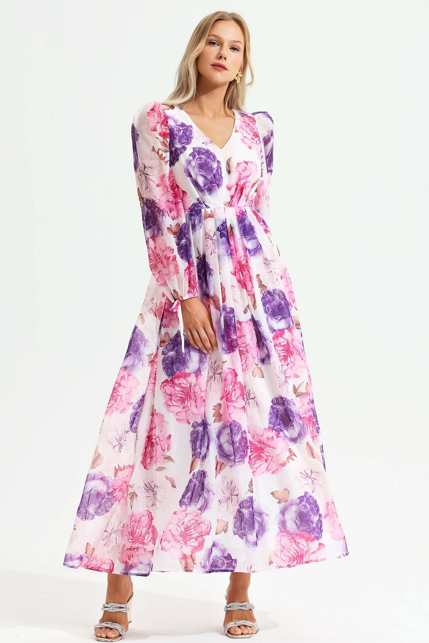 Floral Puff Long Sleeve V-neck Maxi Dress