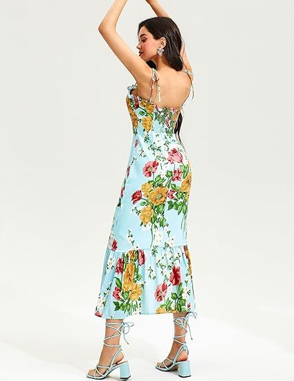 Floral Cami Lace Up Ruched Backless Midi Dress