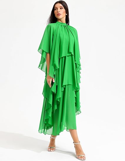 Stand Collar Ruffle Hem Maxi Dress