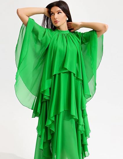 Stand Collar Ruffle Hem Maxi Dress