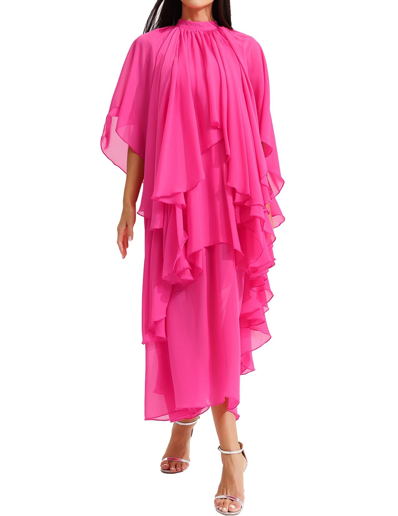 Stand Collar Ruffle Hem Maxi Dress