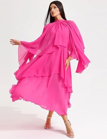 Stand Collar Ruffle Hem Maxi Dress