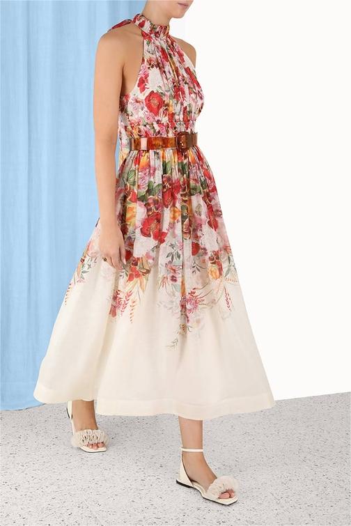 Floral Sleeveless Pleated Halterneck Midi Dress