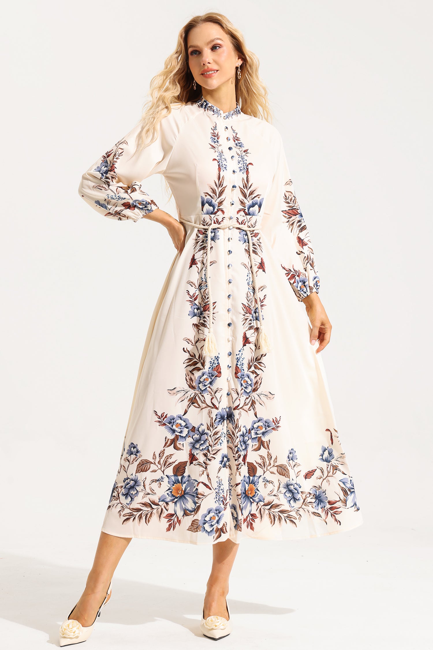 Floral Lantern Sleeve Stand Collar Lace Up Midi Dress